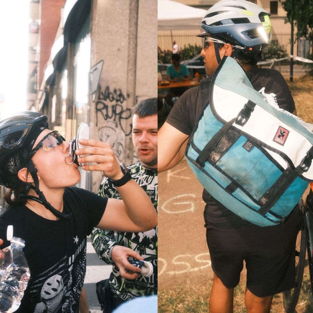 A guy drinking water and another guy wearing a Chrome Berlin messenger