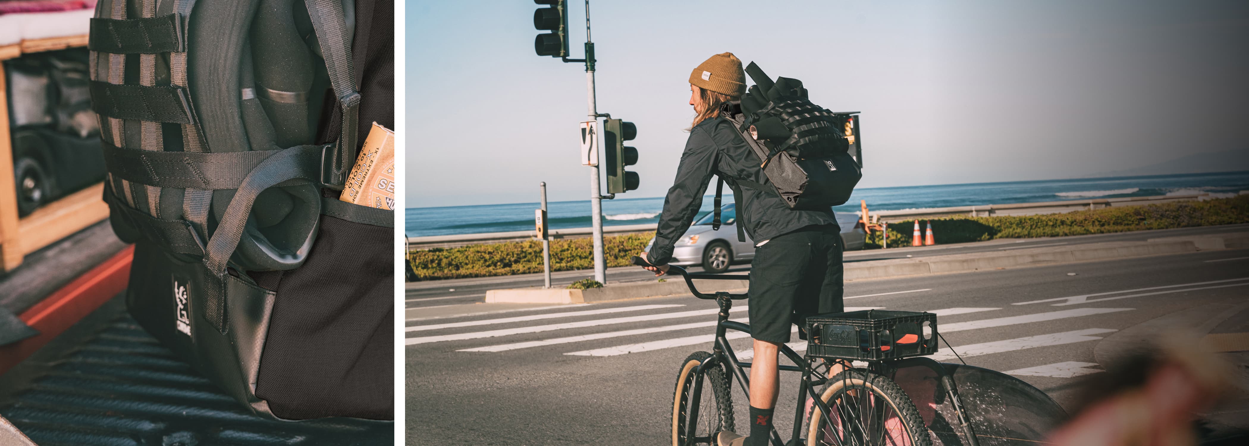 Person riding a bicycle with a Barrage backpack on a road by the sea.