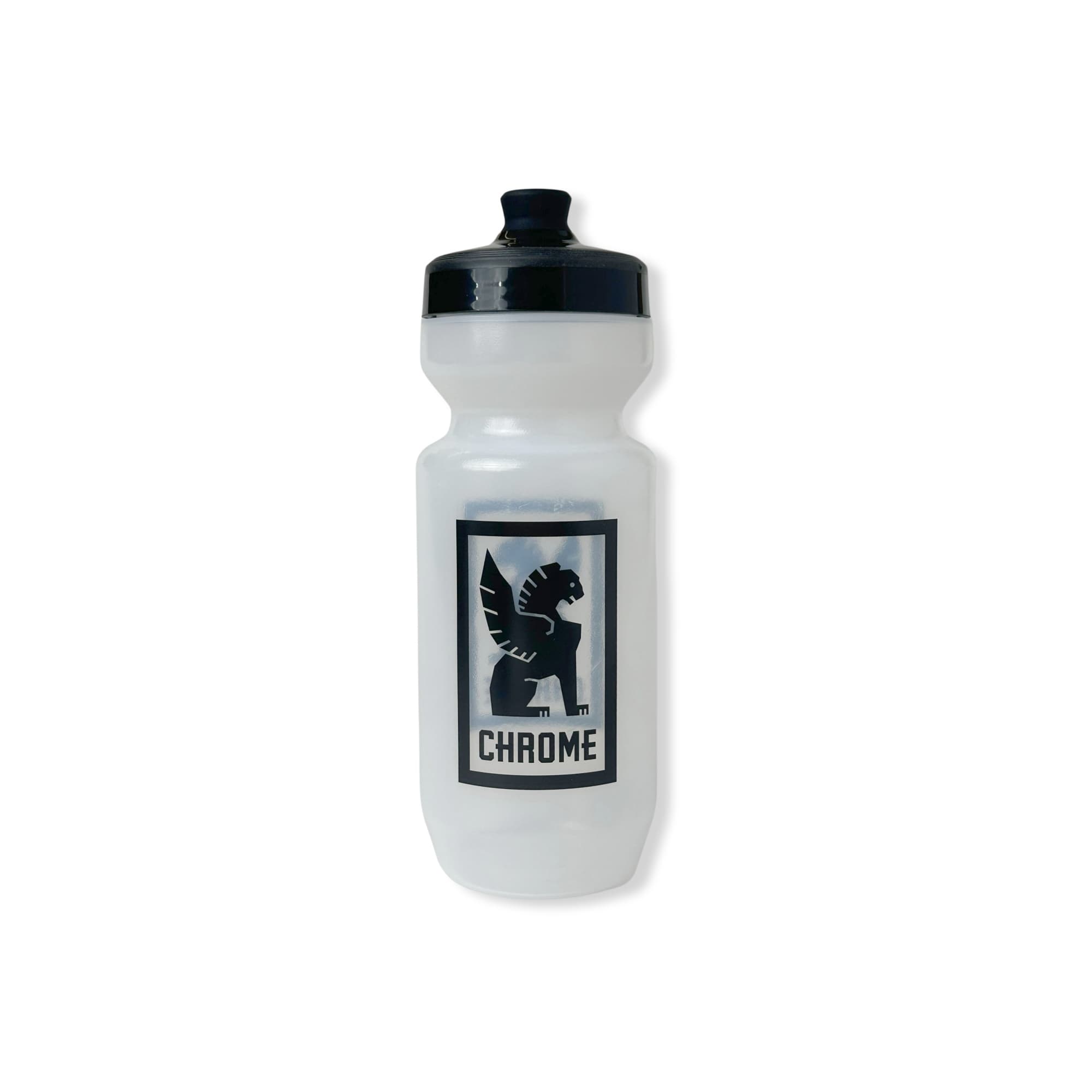 White water bottle with black cap and Chrome logo on a white background