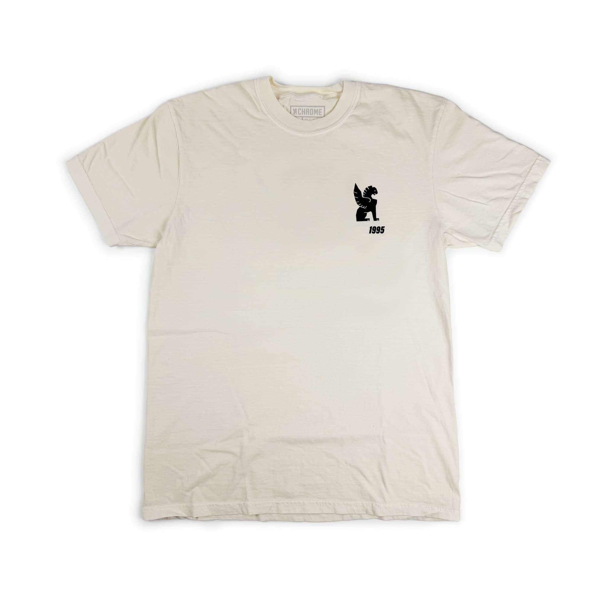 Beige logo t-shirt with a black graphic and text on a white background #color_future white