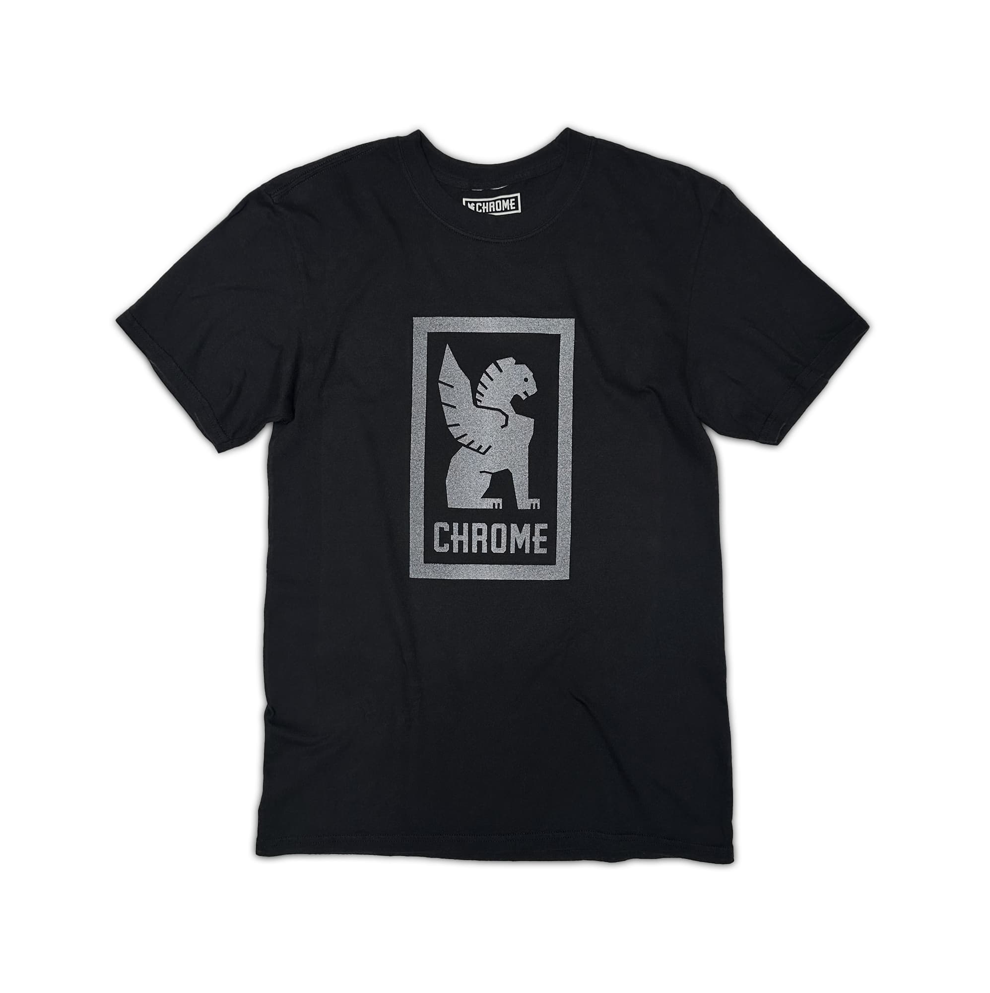 Black cotton Short Sleeve T-shirt with a reflective Chrome logo #color_black reflective