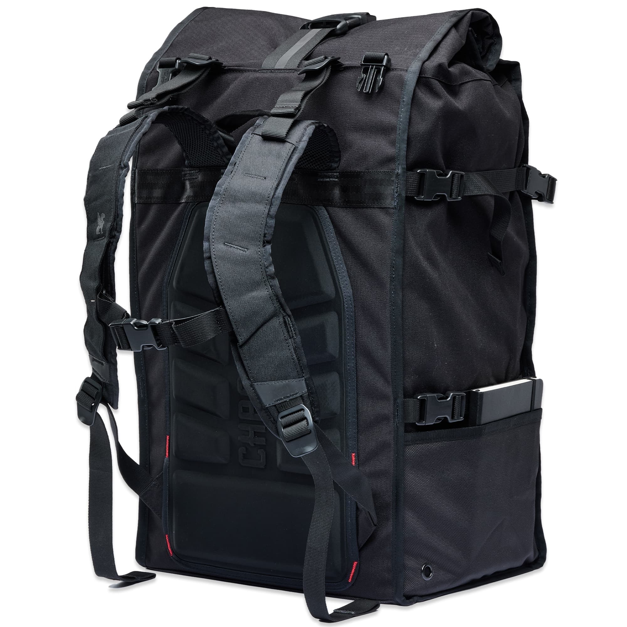 The back straps & padding of the Barrage Pro 80L Pack in black