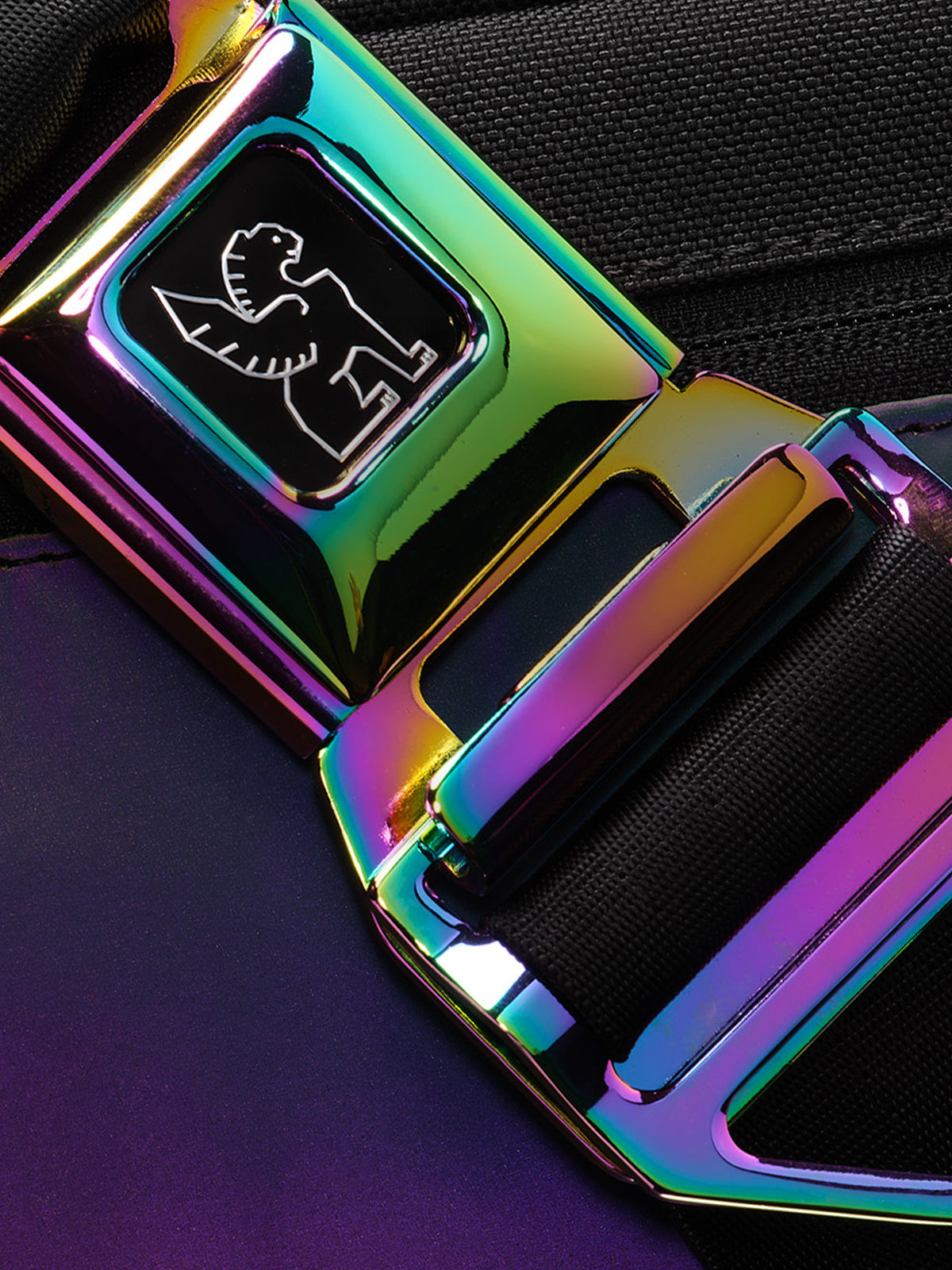 Chrome rainbow reflective buckle up close