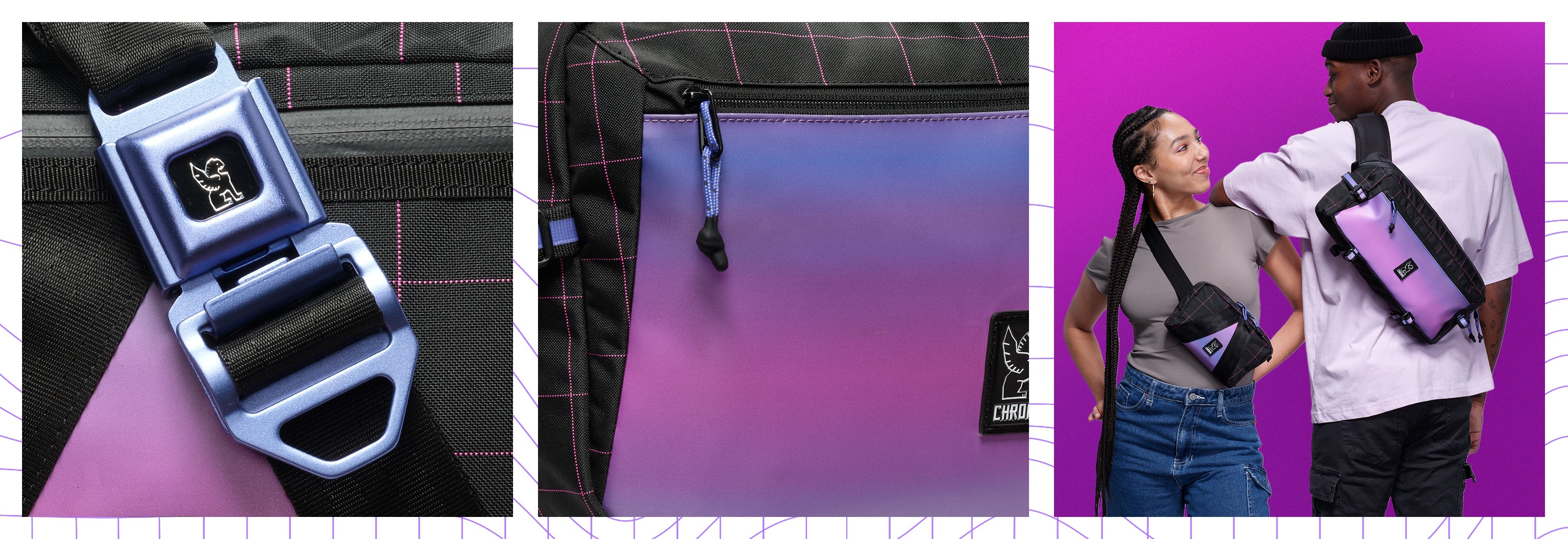 Three pictures of the attributes of the Pride collection bags