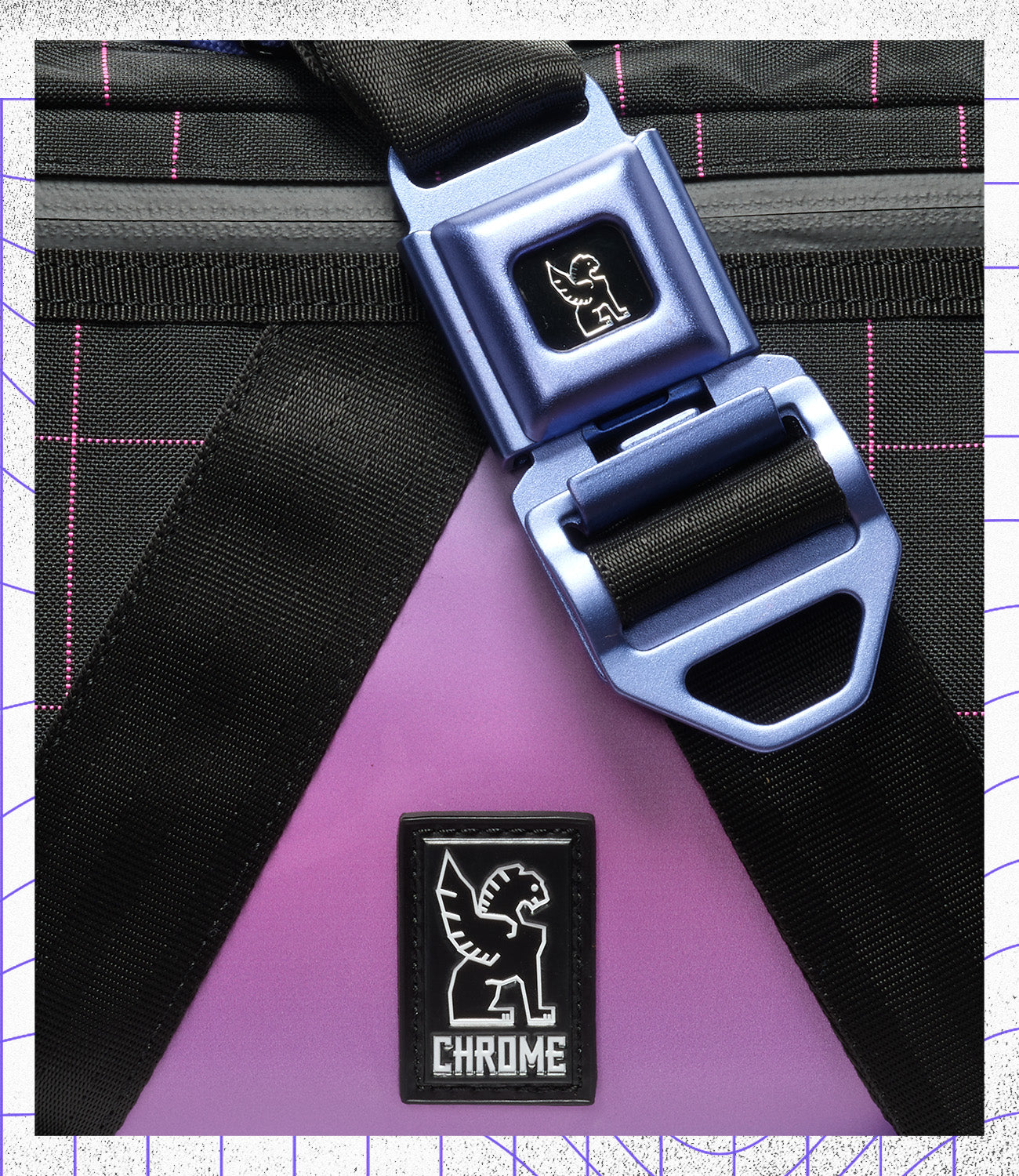 A pride collection bag up close with the reflective panel and buckle