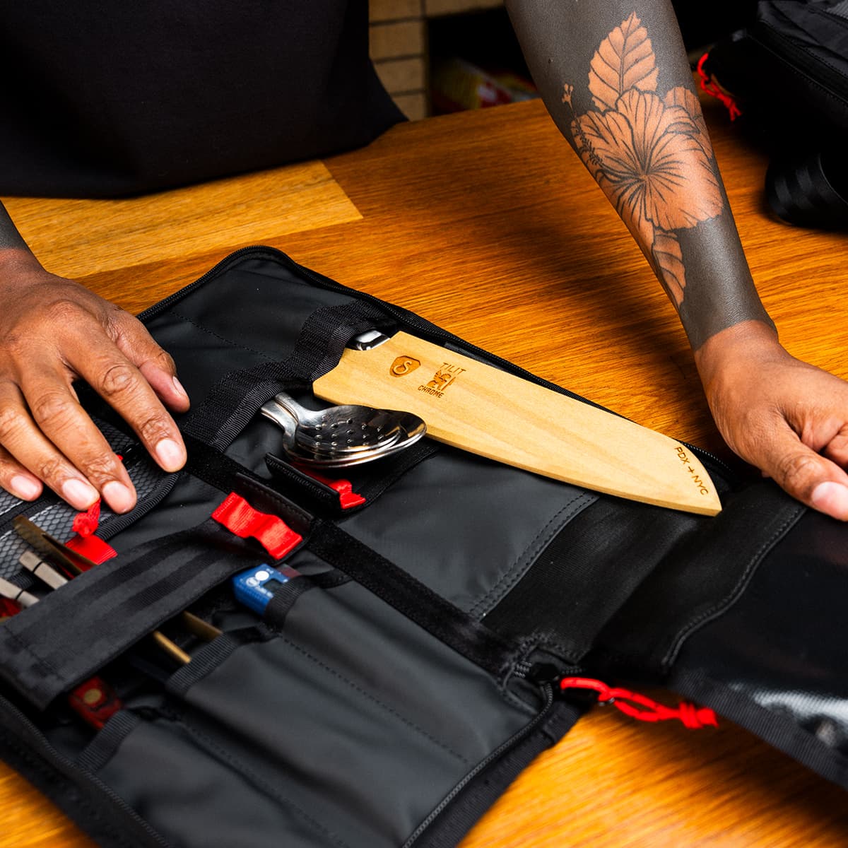 The knife roll packed out with tools