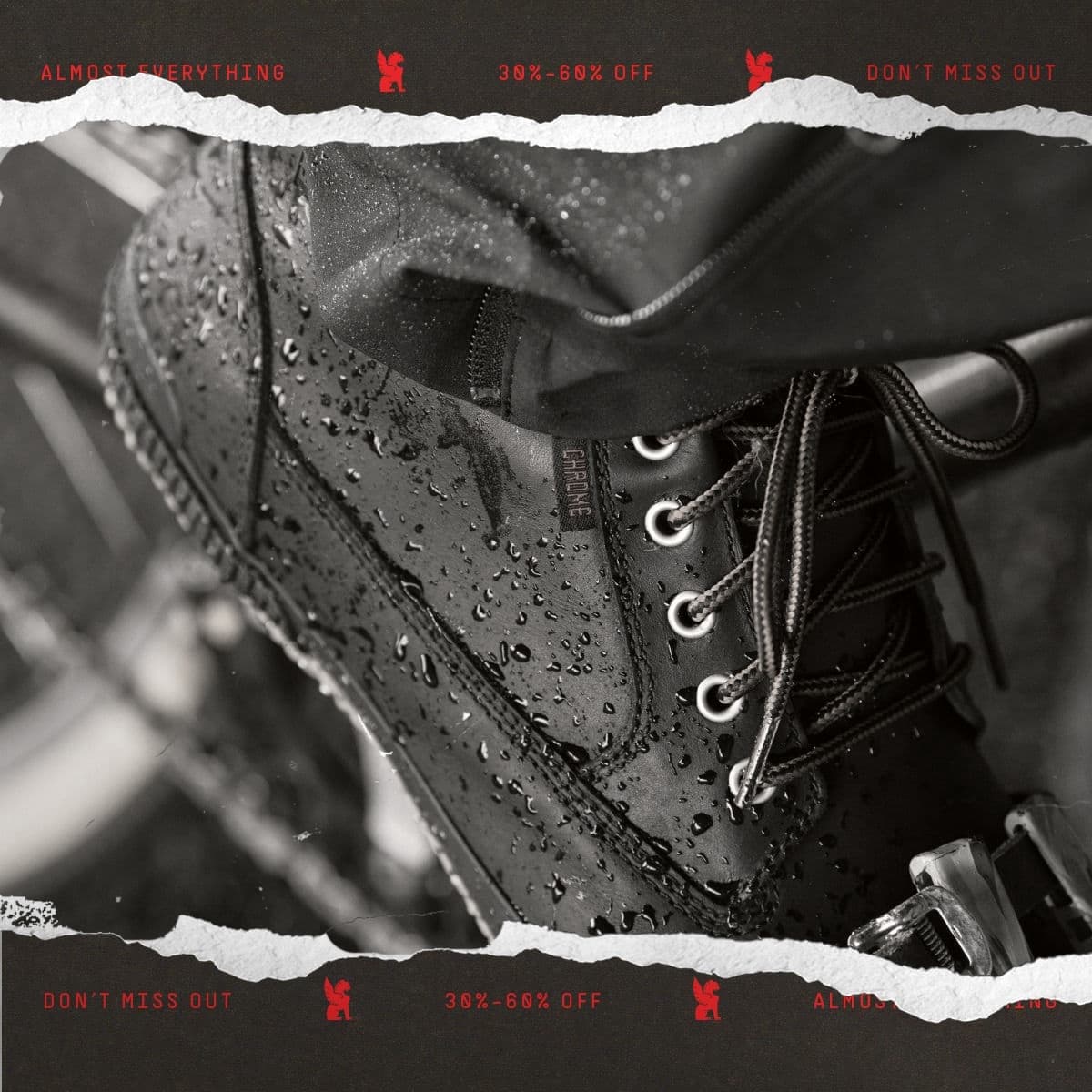Waterproof 415 Boot announcing Chrome Shoes are currently 30-60% off.