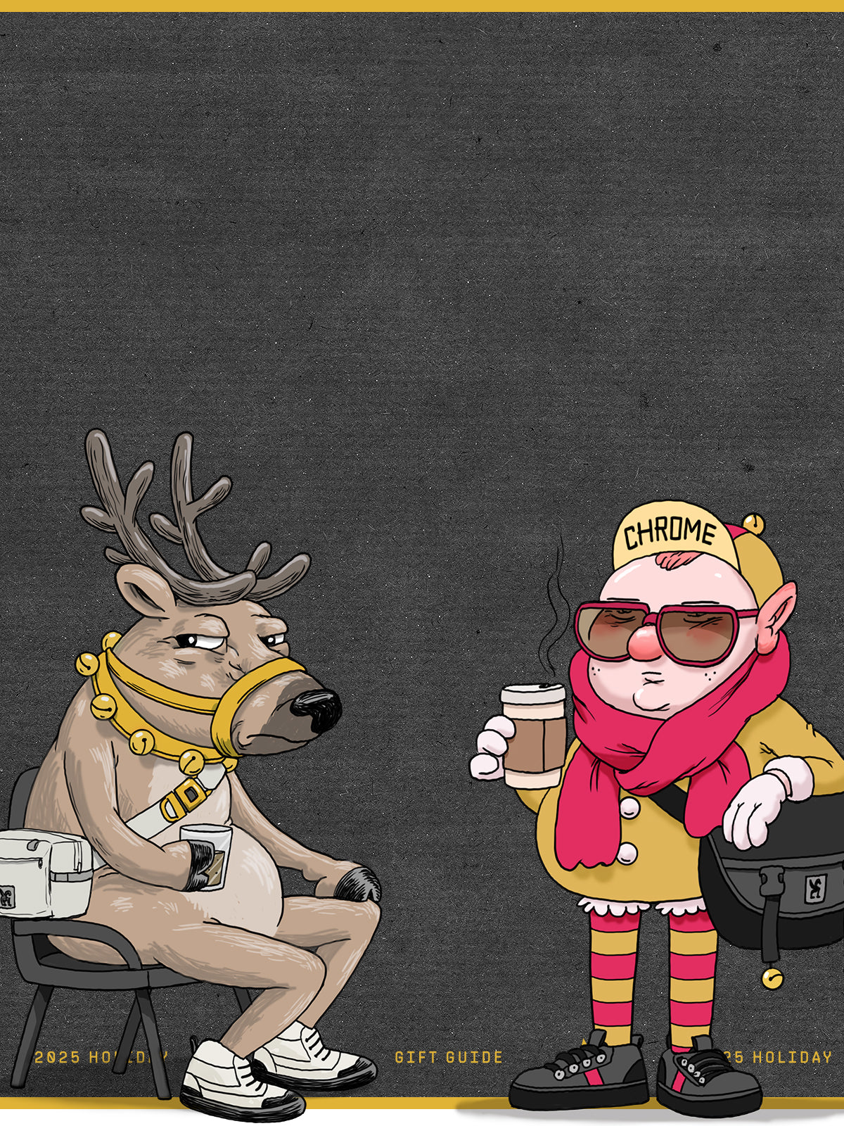 Cartoon character with sunglasses and coffee cup interacting with a deer-like creature both wearing Chrome bags.
