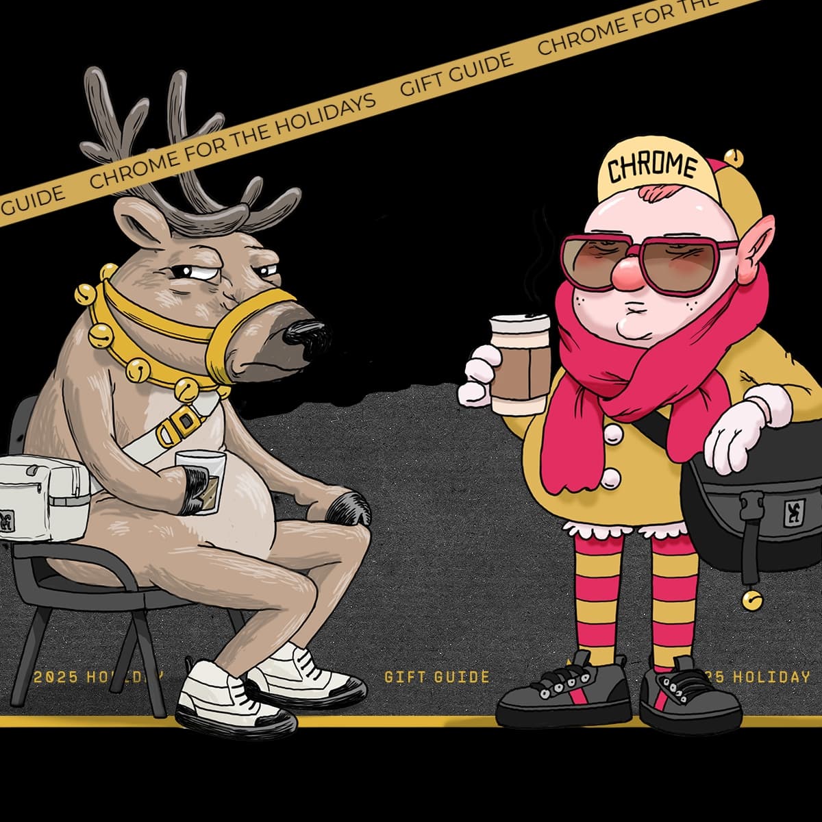 Cartoon reindeer and person with sunglasses and coffee, with 'Chrome' branding.