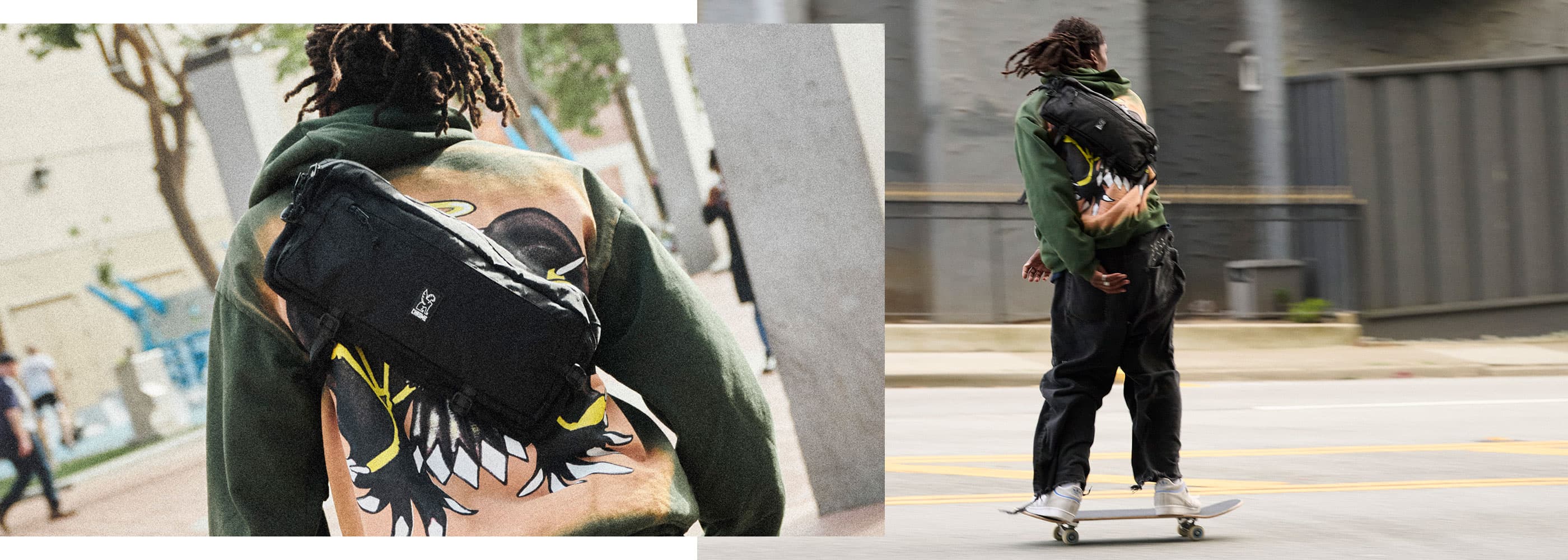 An up close look at a Kadet Sling on a persons back riding a skateboard