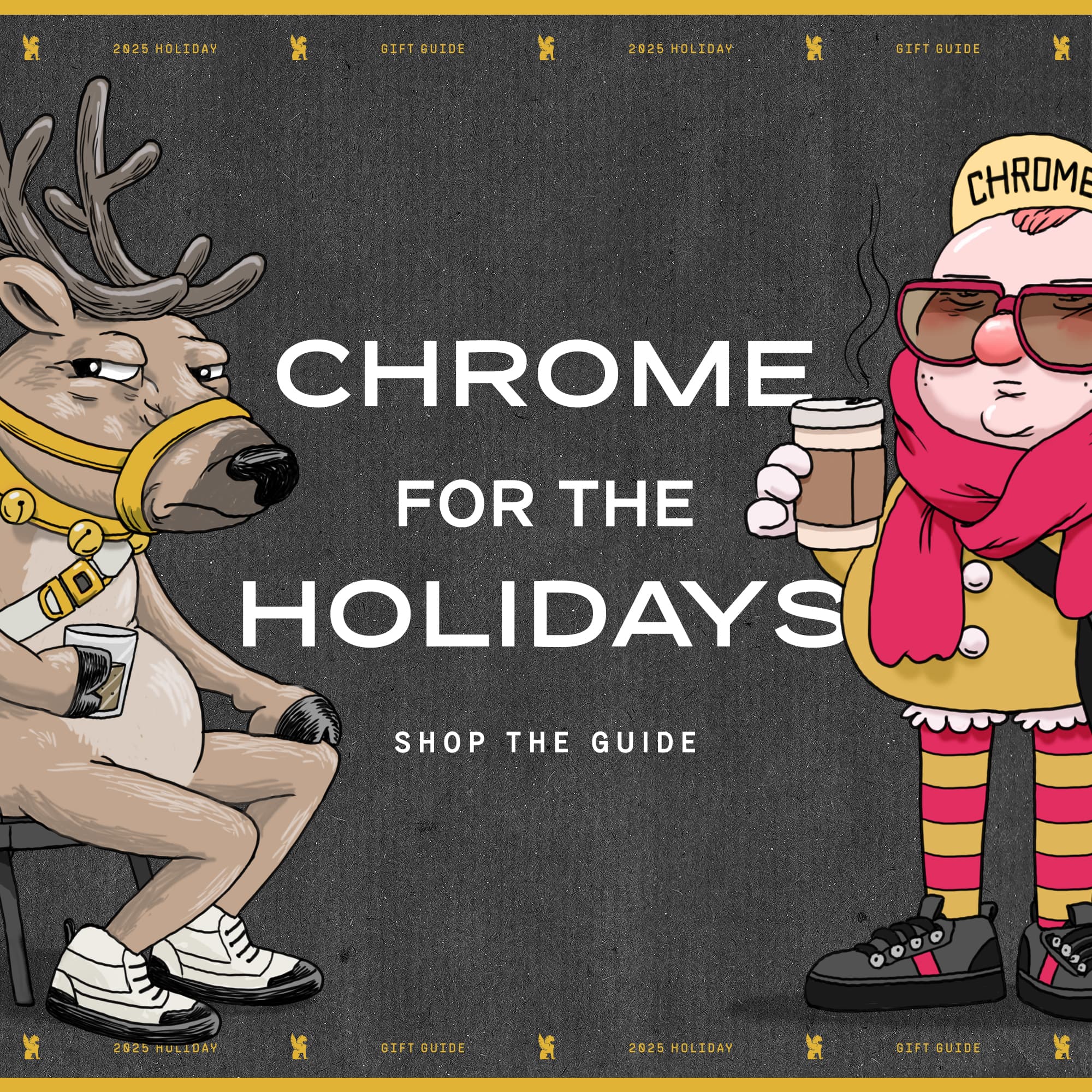Promotional graphic for Chrome for the Holidays with cartoon reindeer and person holding a coffee cup.