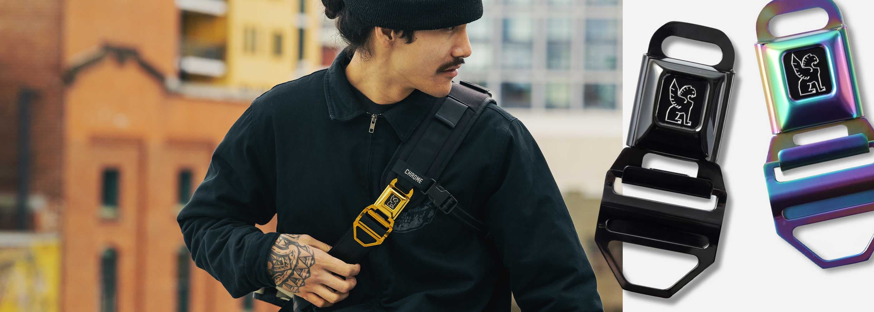 A man wearing the Citizen Messenger with a Gold Chrome Industries buckle