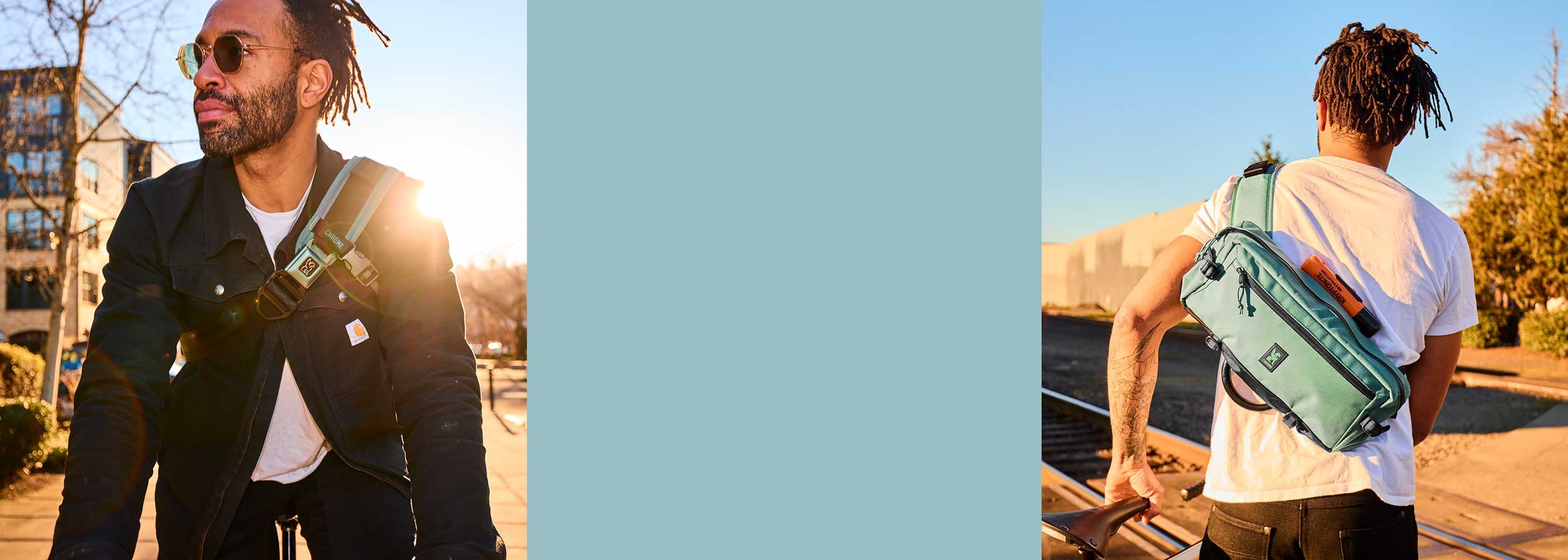 The Kadets in Steel Blue on a guy walking a bike and riding a bike