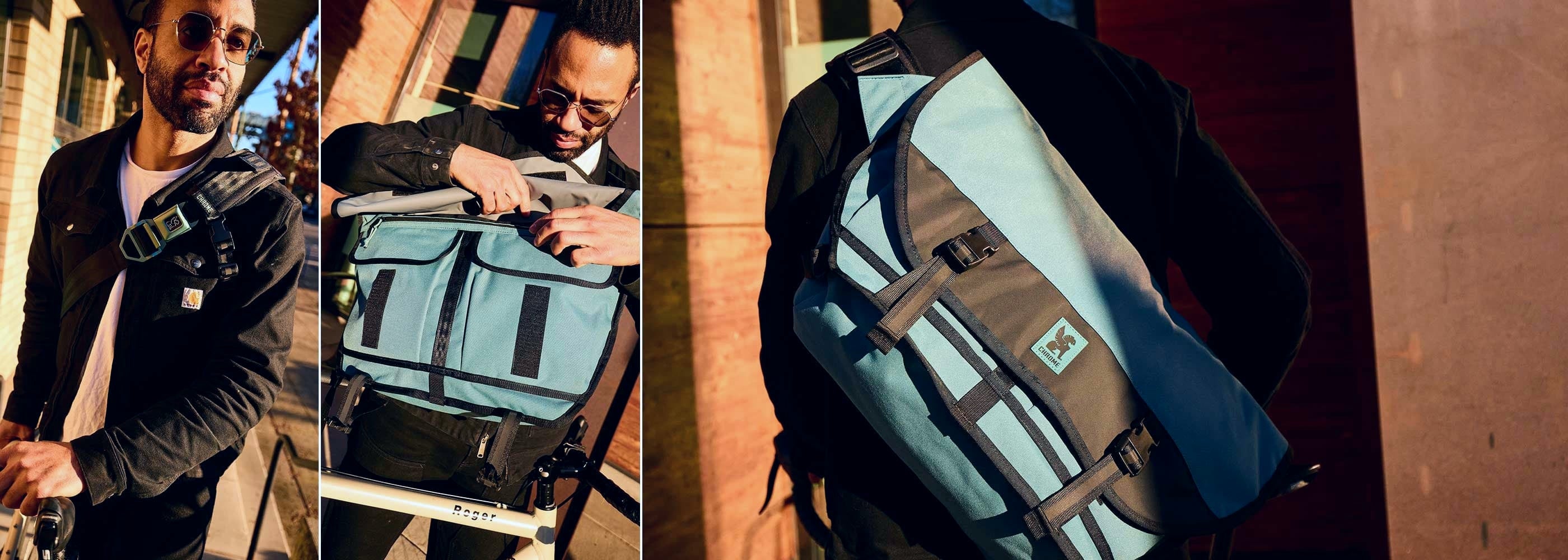 A guy carrying the Citizen Messenger in Steel Blue and looking inside the bag