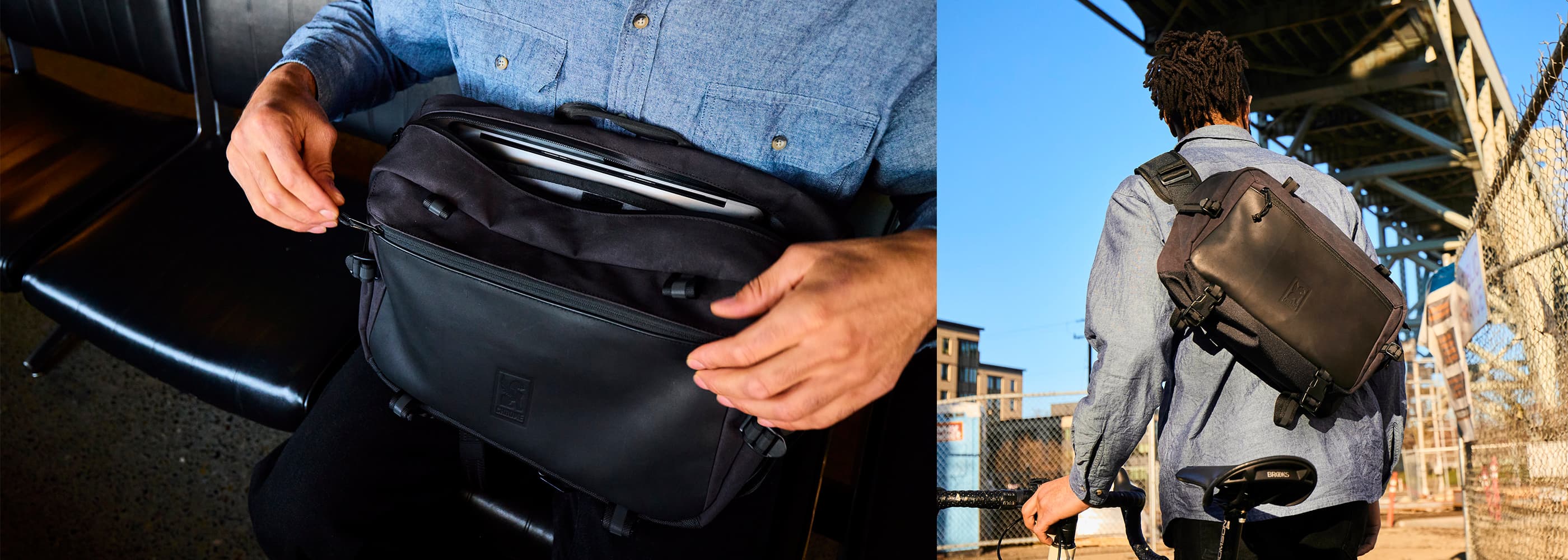 A guy is getting his computer out of the Kadet Max in Black Leather