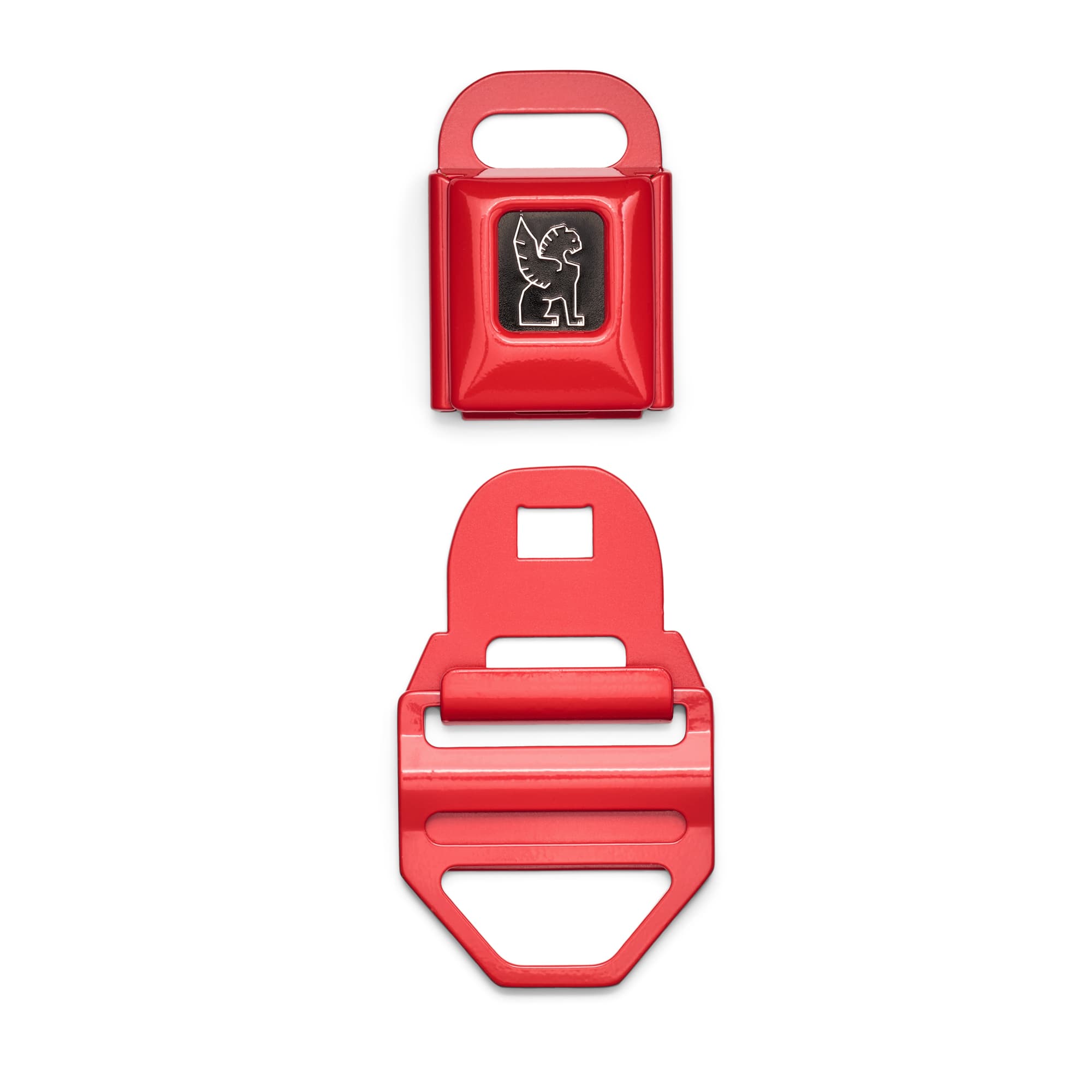 Large iconic seatbelt buckle unclicked in red #color_red