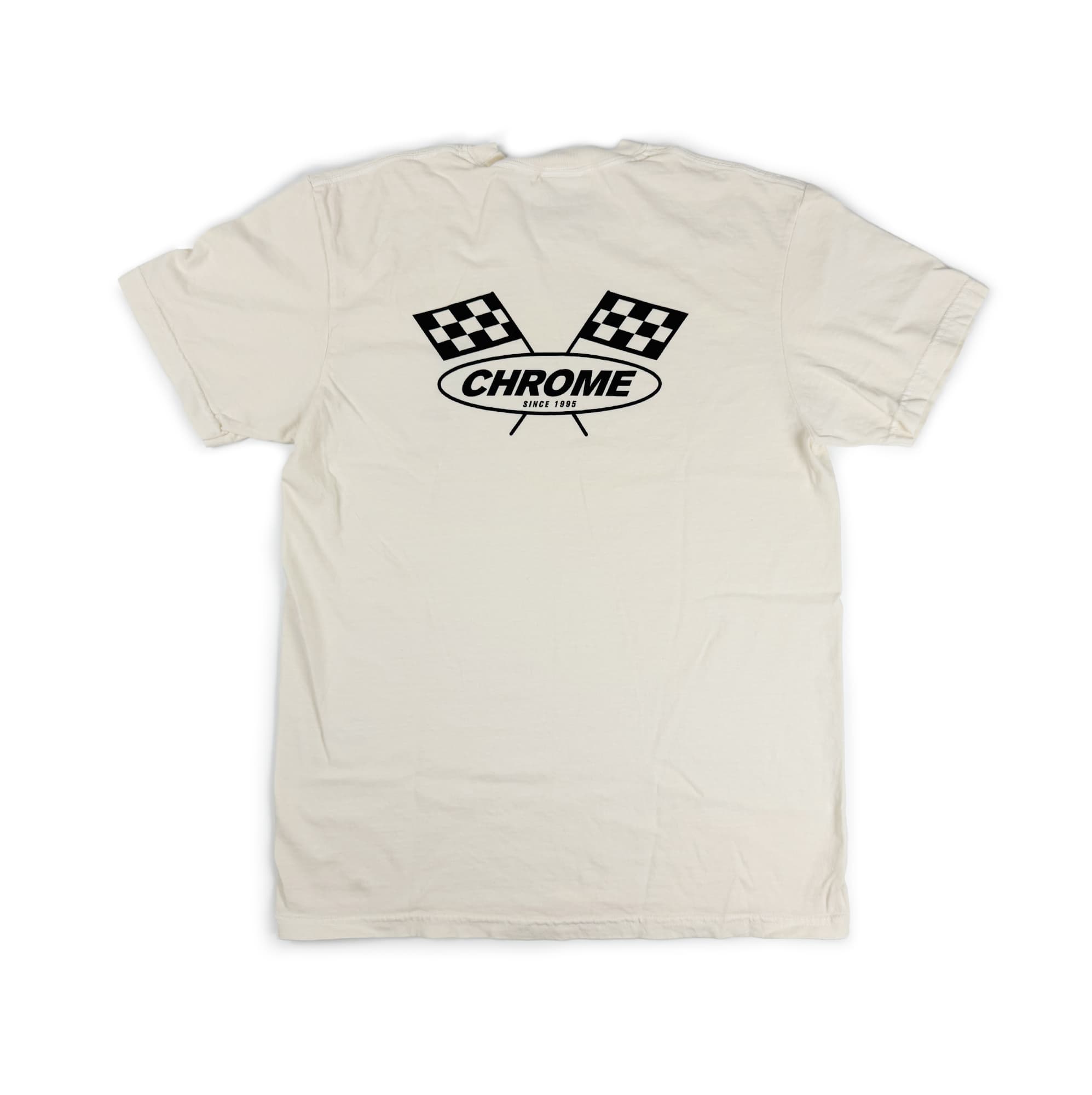 Beige t-shirt with Chrome logo and checkered flags on a white background #color_future white