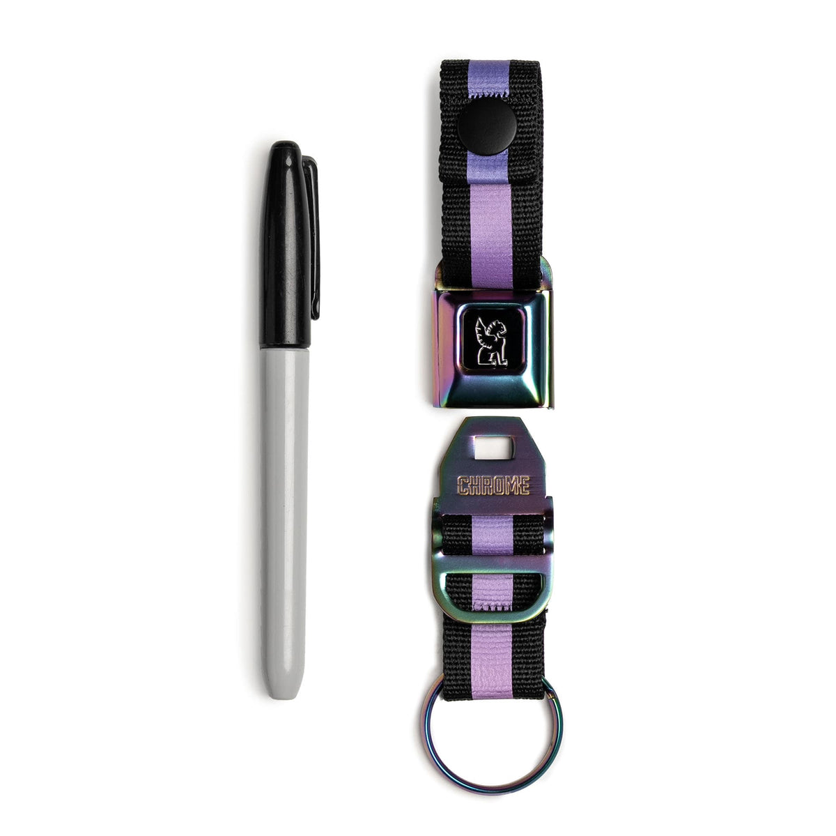 Our updated Mini Buckle Keychain in Rainbow Matte open and next to a sharpie for scale #color_rainbow matte