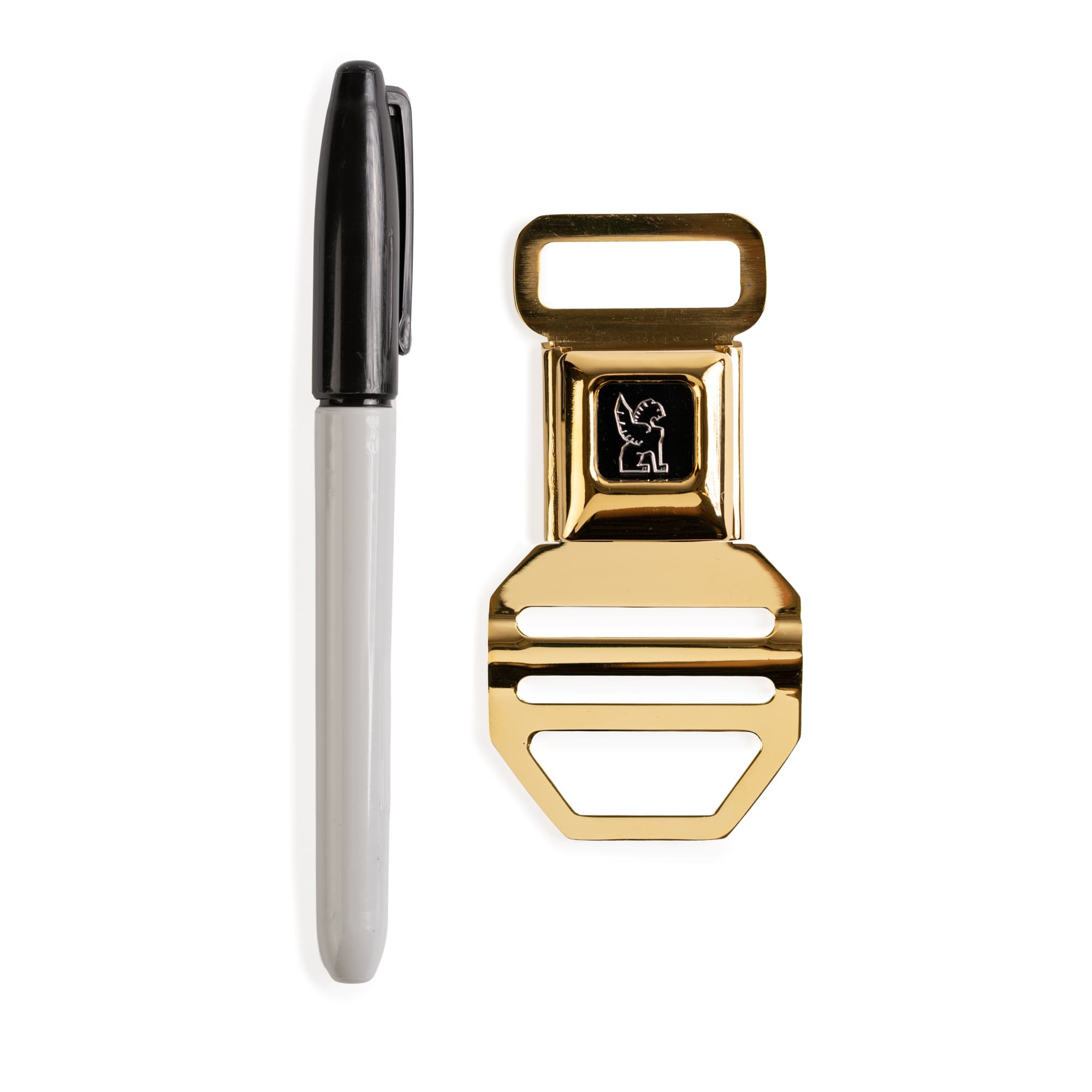 A sharpie for scale by the new SM Buckle in the Gold color #color_gold