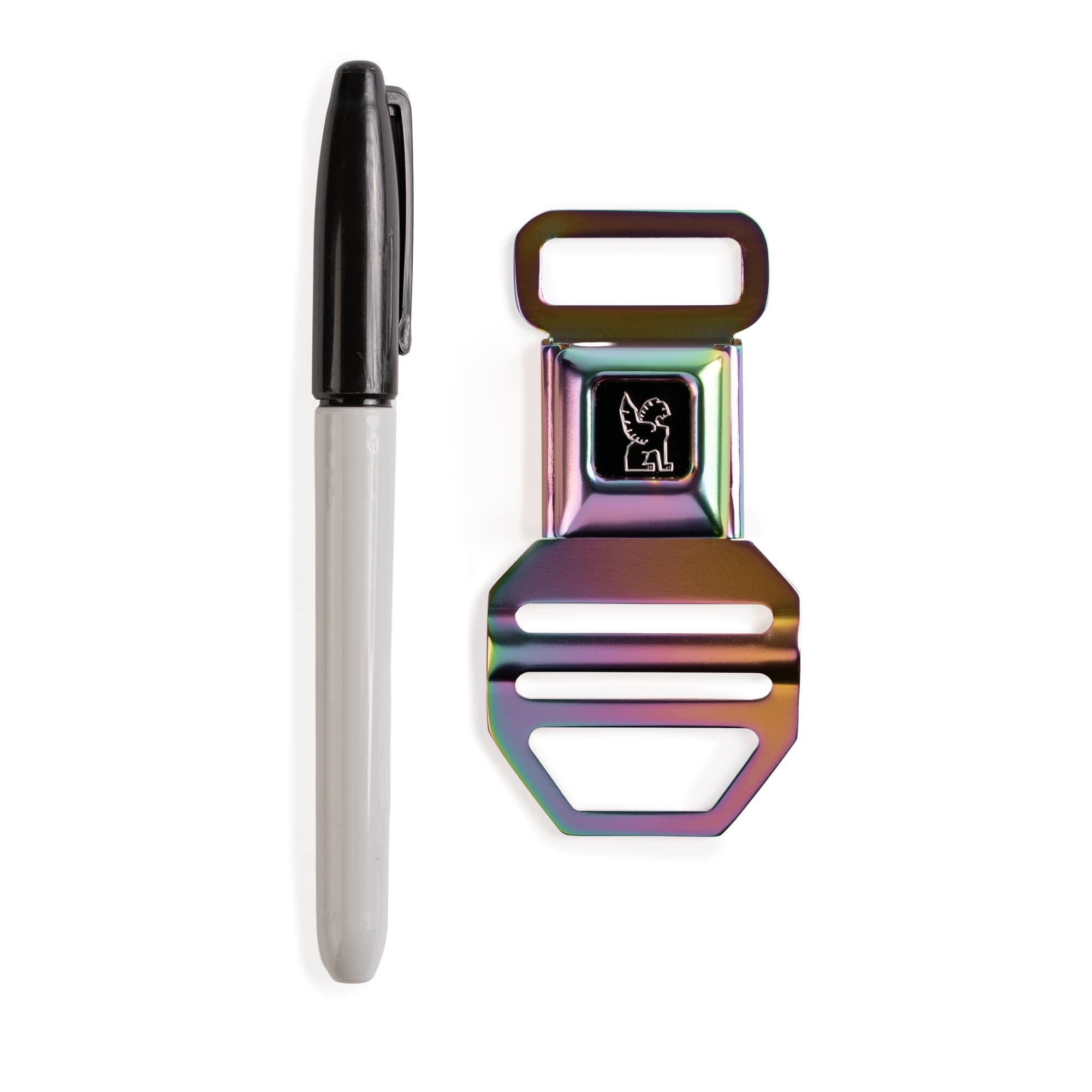 A sharpie for scale by the new SM Buckle in the Rainbow Matte finish #color_rainbow matte