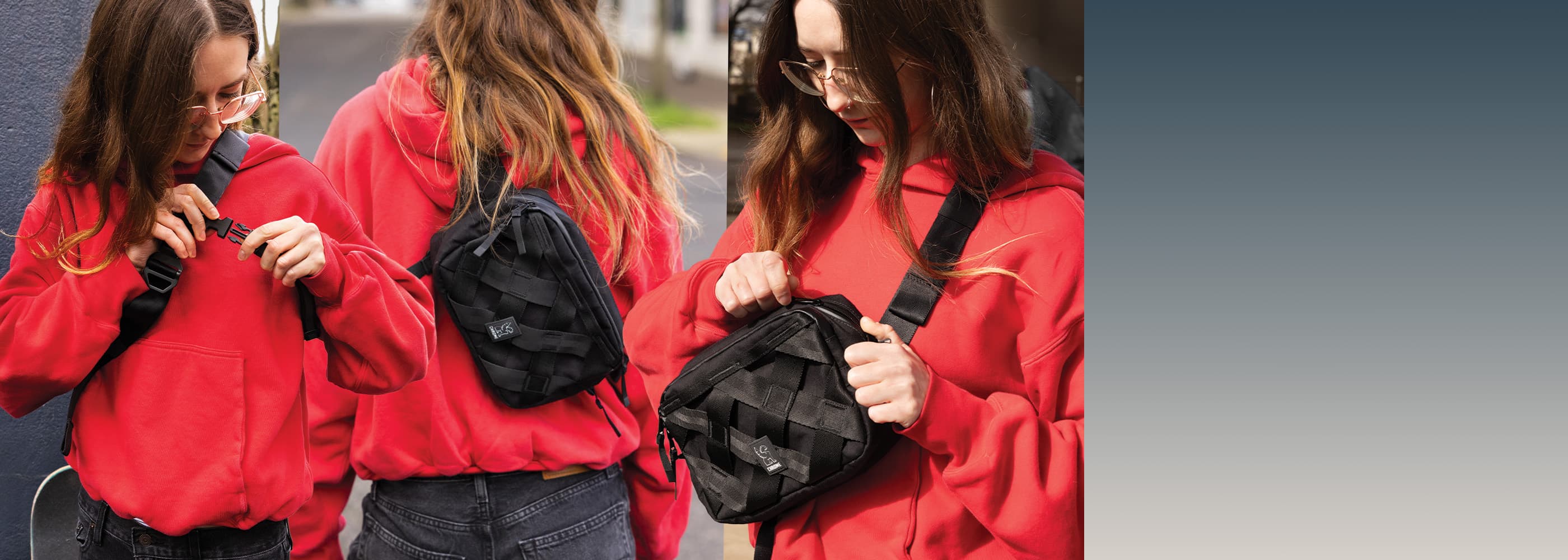 Woman in red jacket holding a black Barrage 5L Sling in three different views.