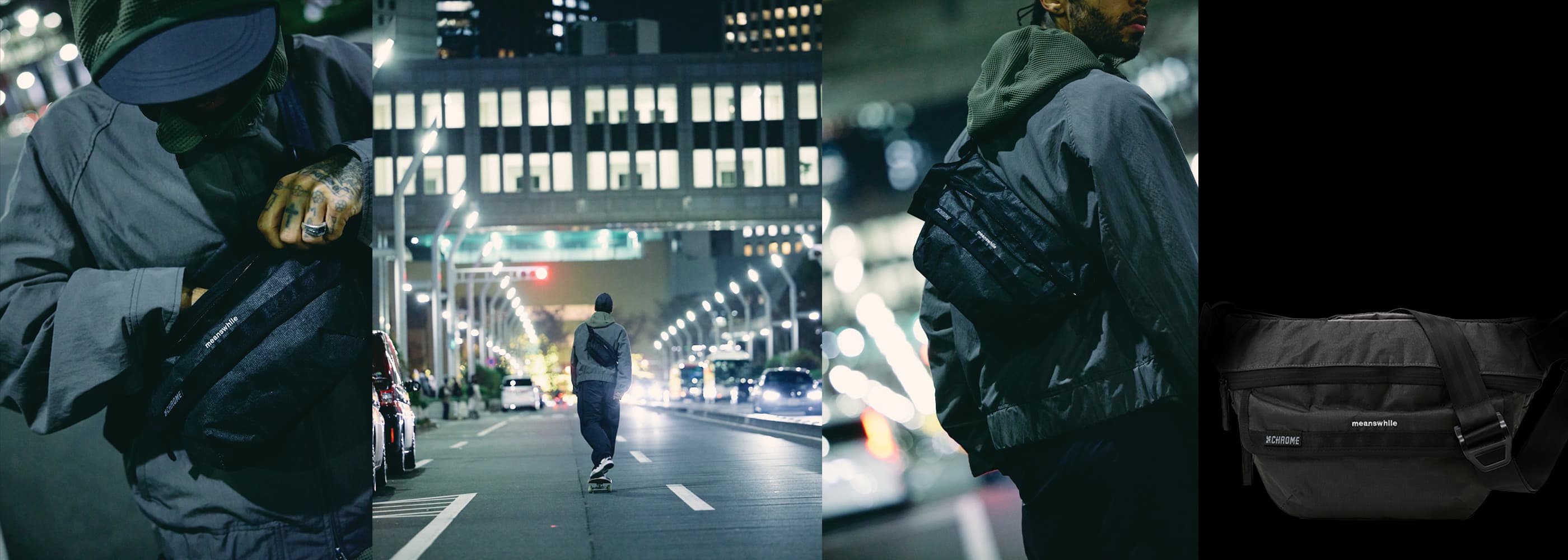 Collage of a person with a Chrome x Meanswhile Sling walking on a city street at night.