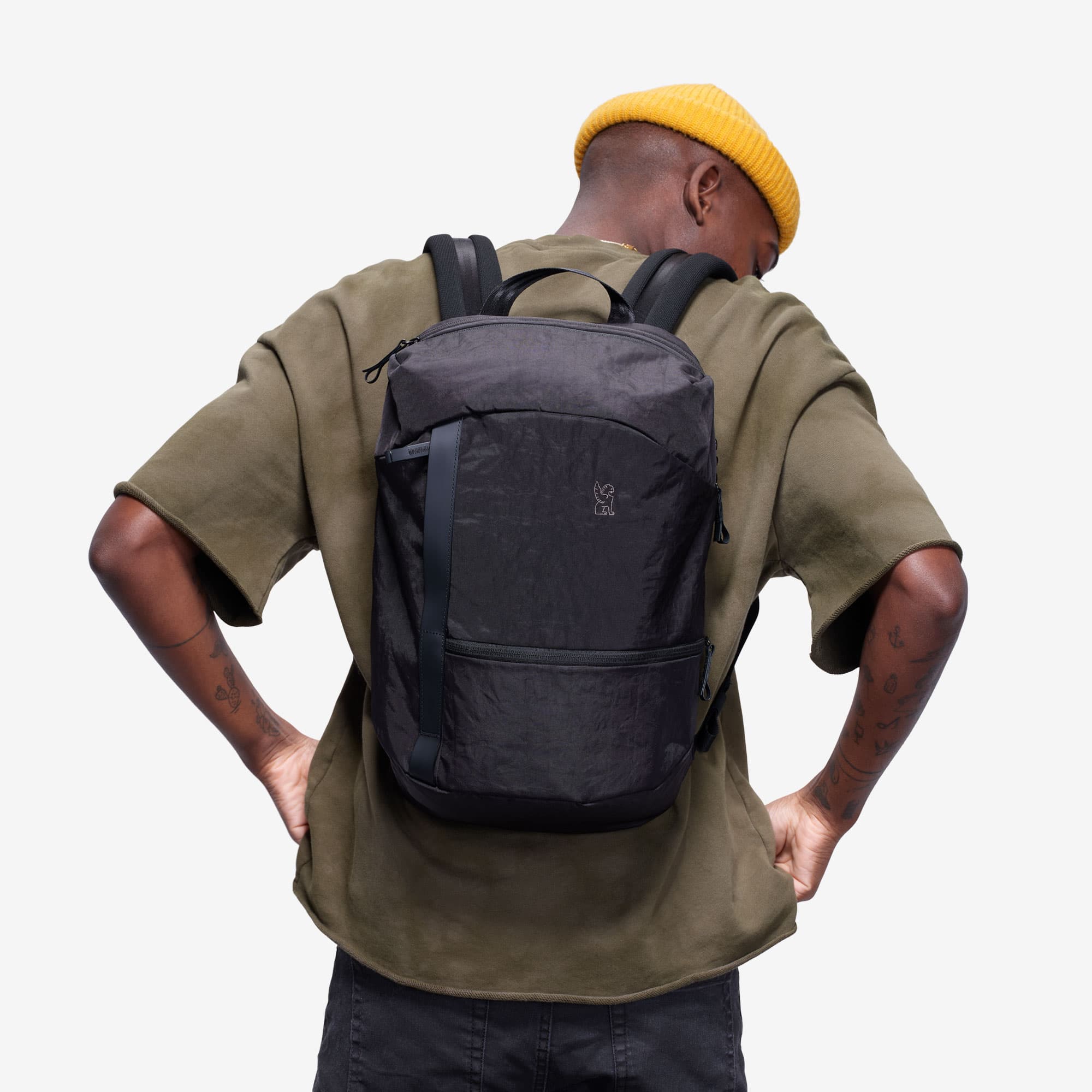 Camden backpack in black on a person