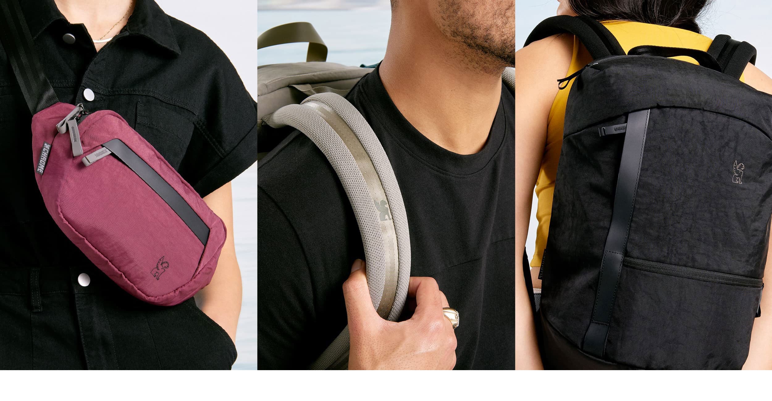 Triptic photo of the Sabin, Camden Backpack and a backpack strap.