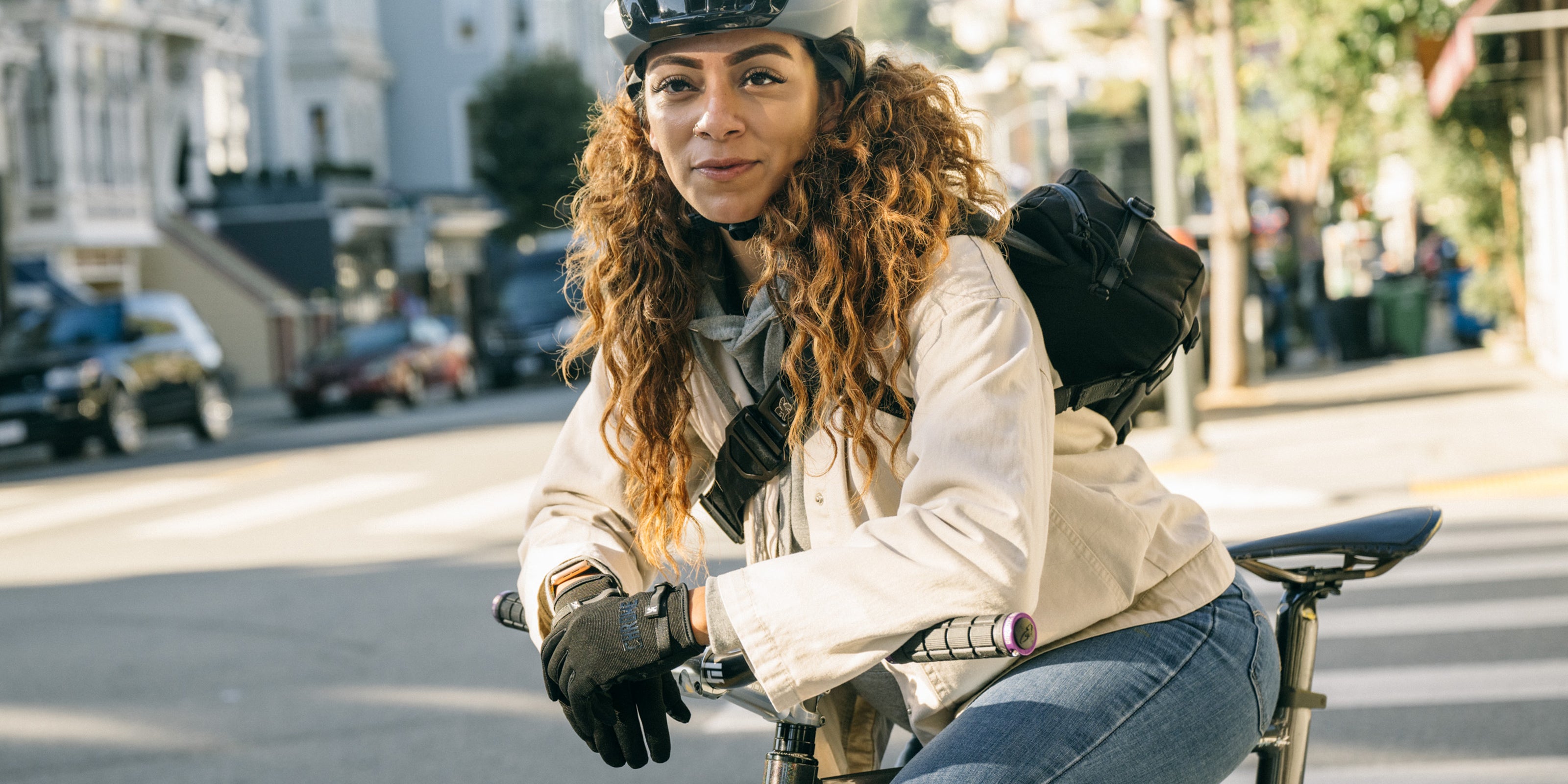 Cycling gloves on a woman large desktop image