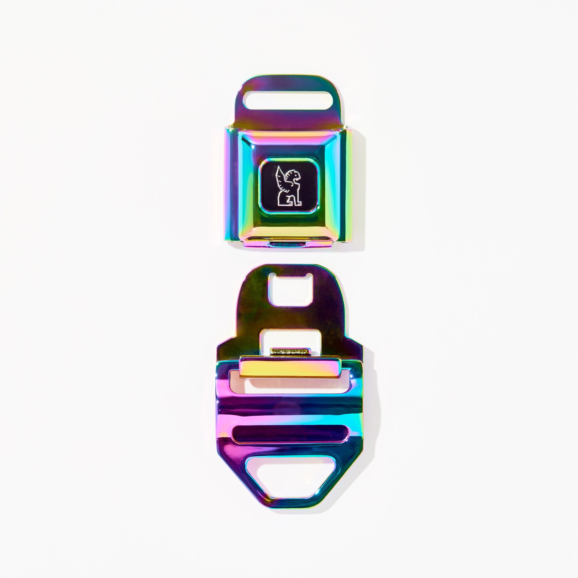 Iconic Chrome MD size seatbelt buckle in rainbow open #color_rainbow