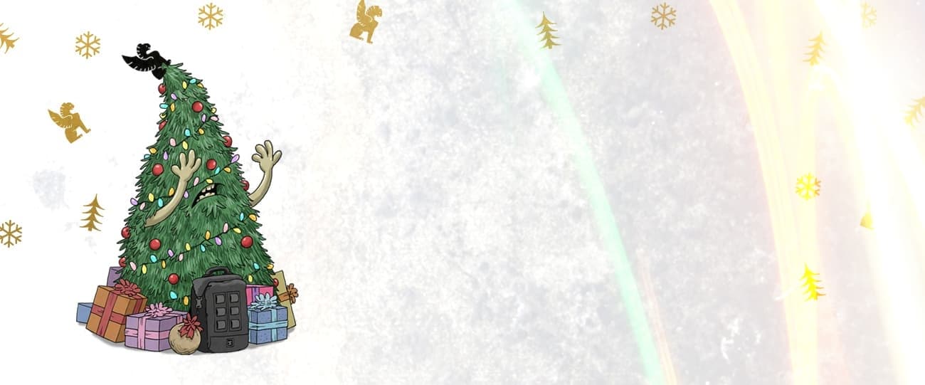 An animated tree with neon lights and Chrome presents below