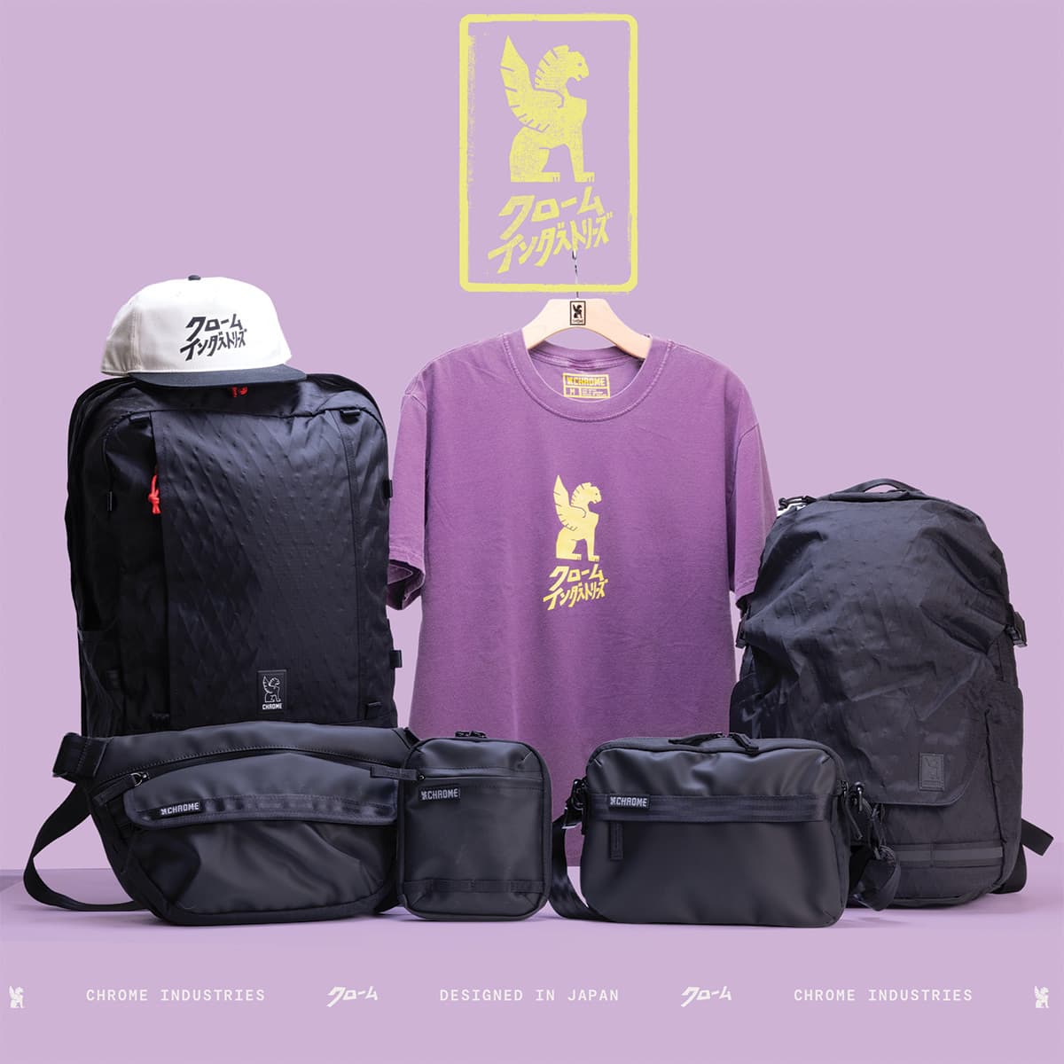 The Chrome Japan 2026 Collection of bags, tees and a cap with the special logo