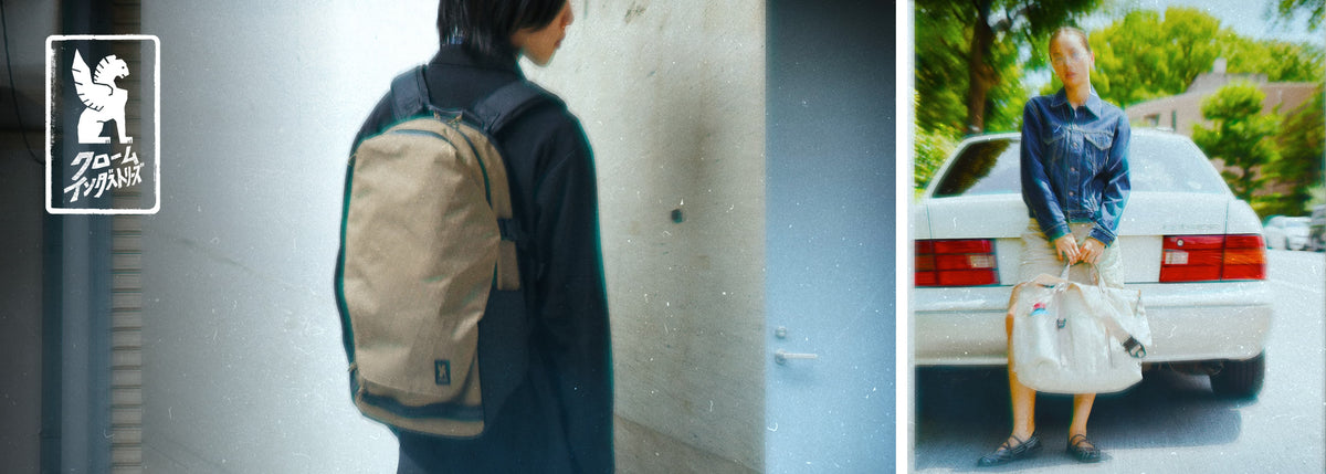 A man and a women wearing our JP collection bags
