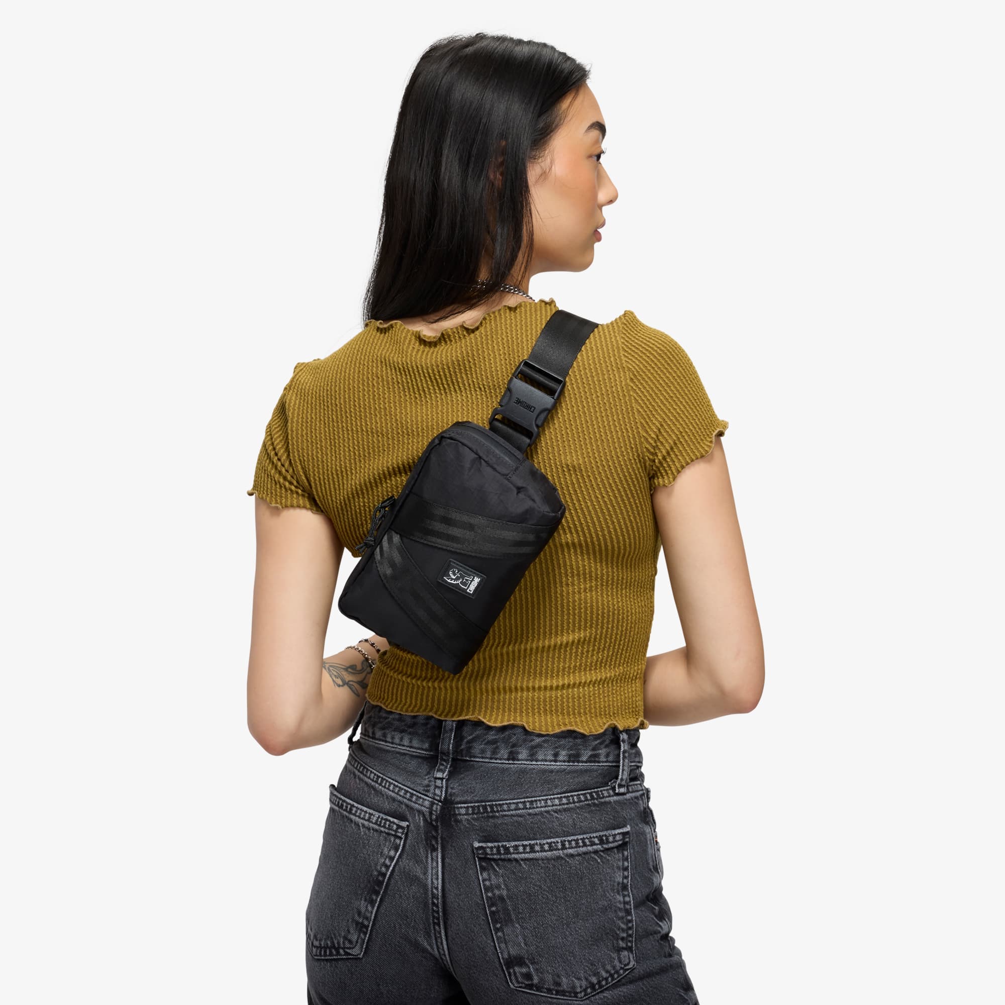 Mini Tensile Sling worn by a woman on her back