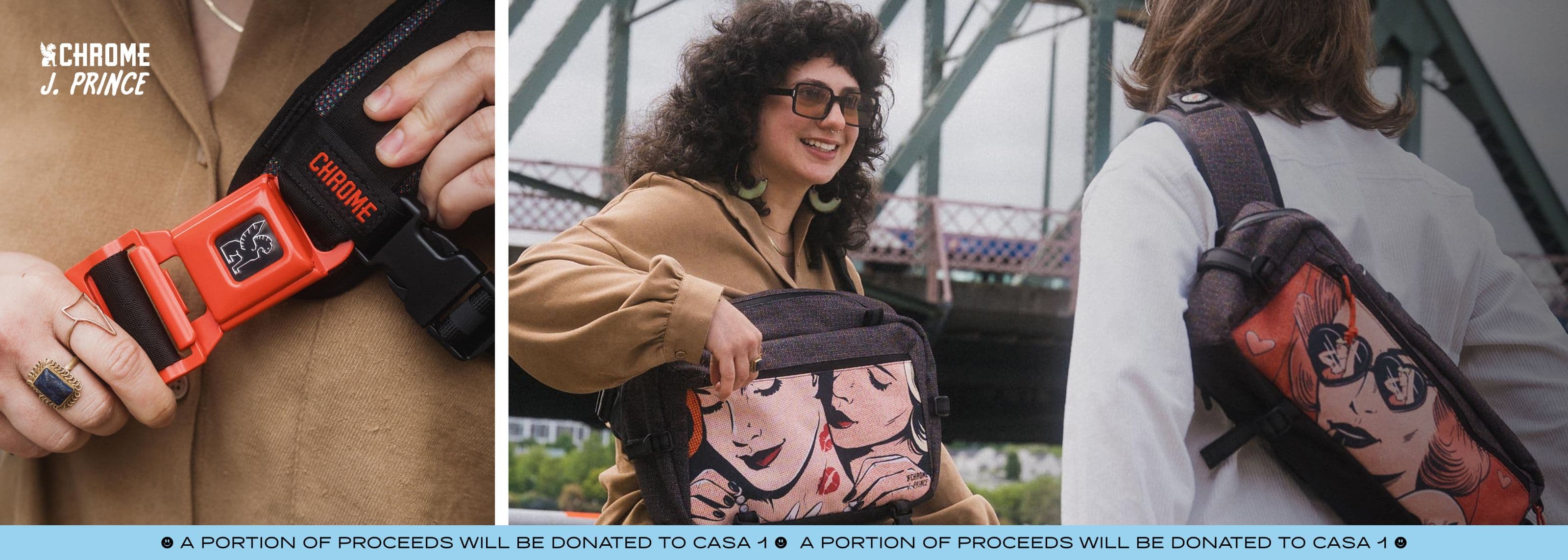 Collage of two women with Pride print Kadet bags, including a close-up of a bag strap and a person holding a bag.