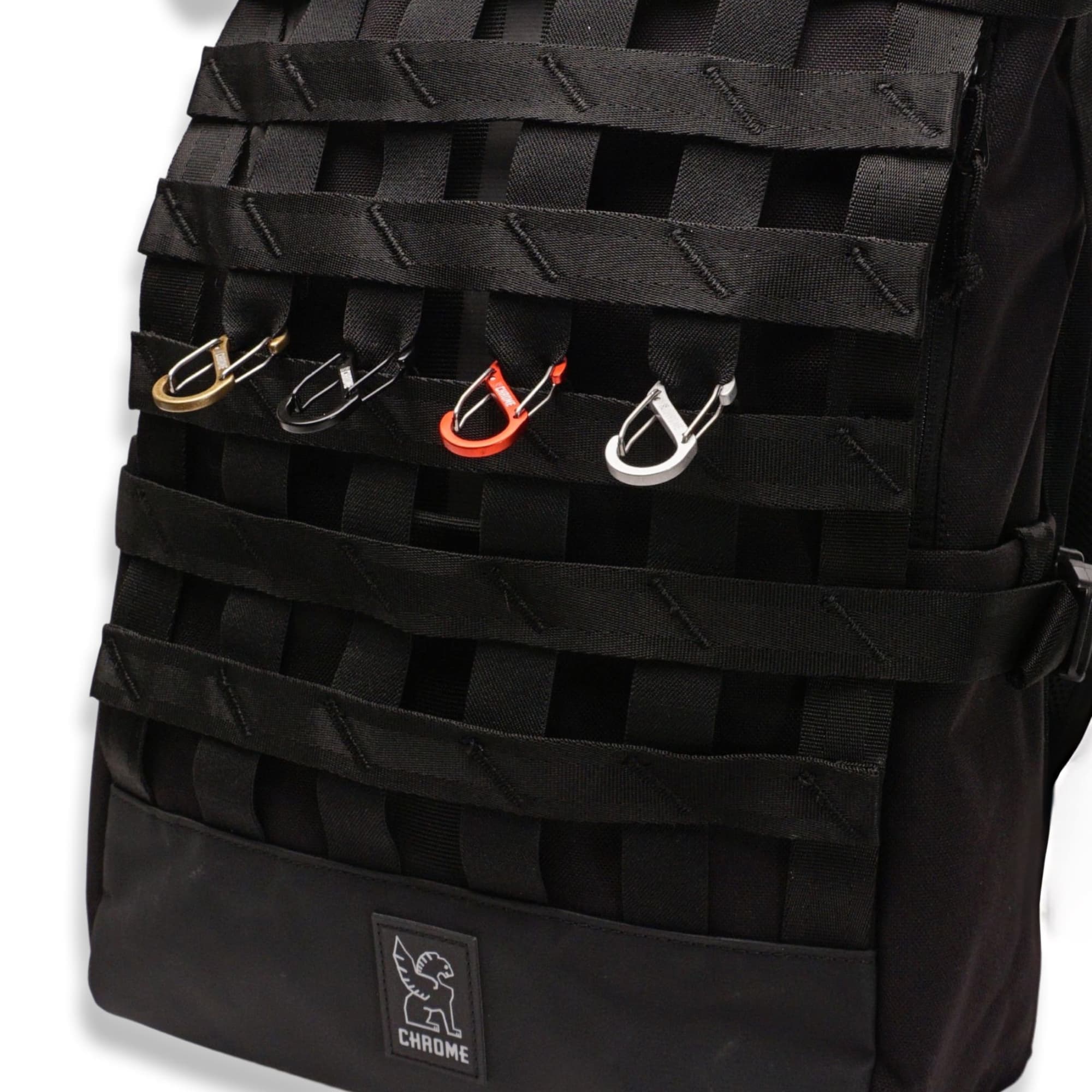 Chrome small gear clips all colors shown on a Barrage Backpack