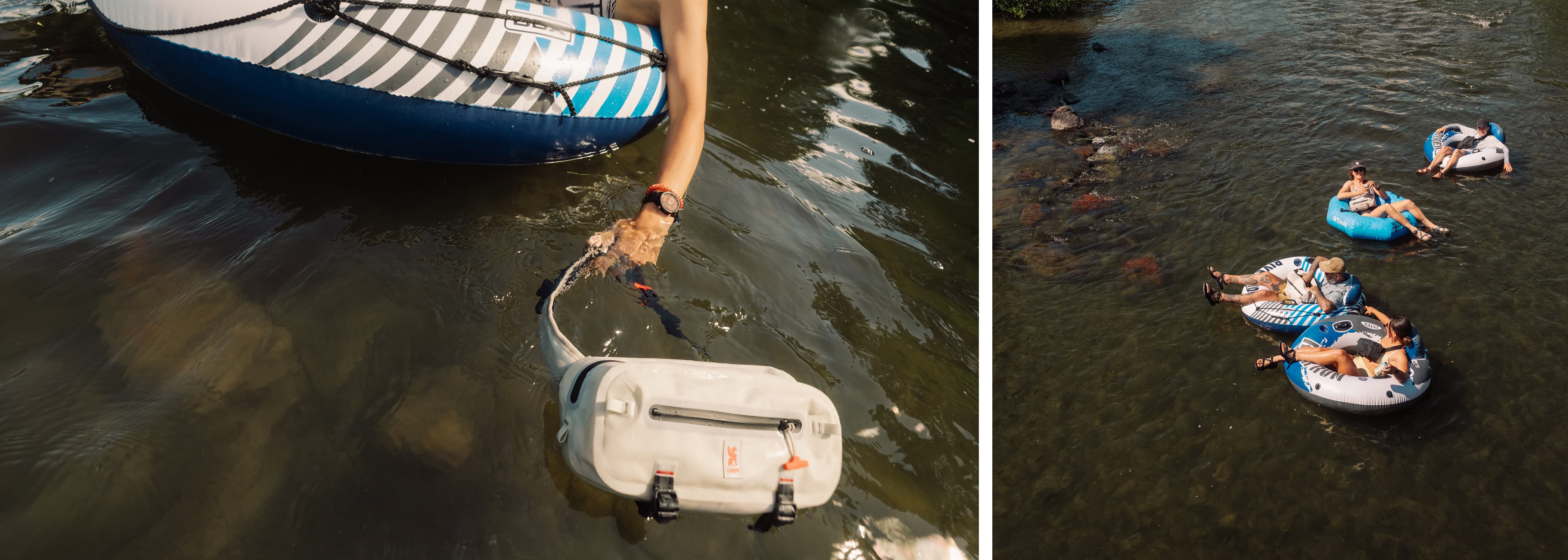 A split-panel photo showing a white and black Mini Kadet waterproof bag with one close-up of a hand holding the attached cord and a wider scene of several people floating on rafts nearby.