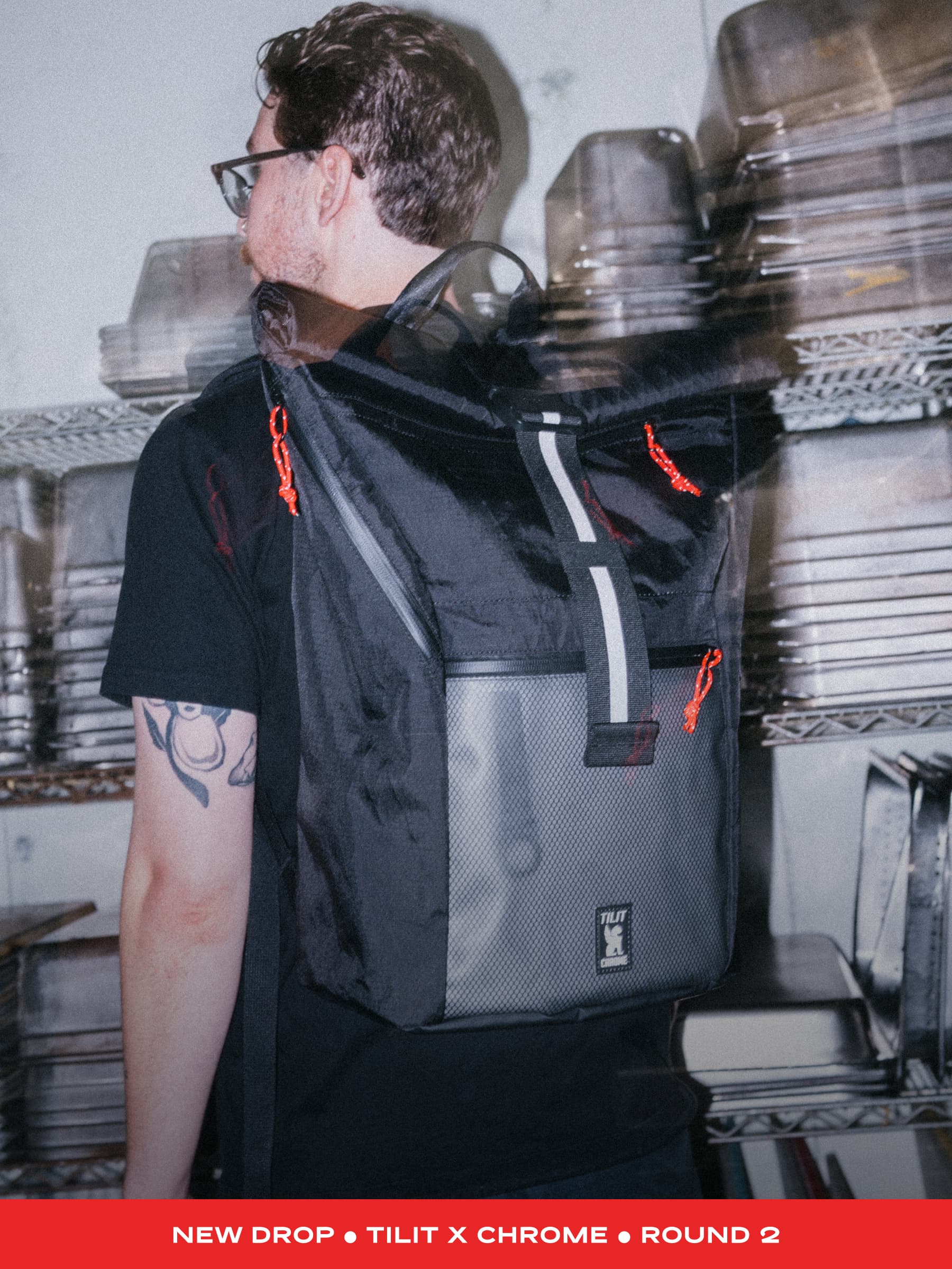 Person wearing the new Chrome x Tilit 29L Pack in a restaurant kitchen