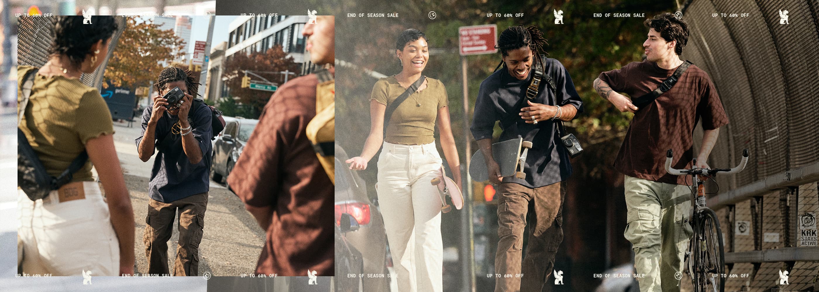 three people walking around the city in Chrome bags