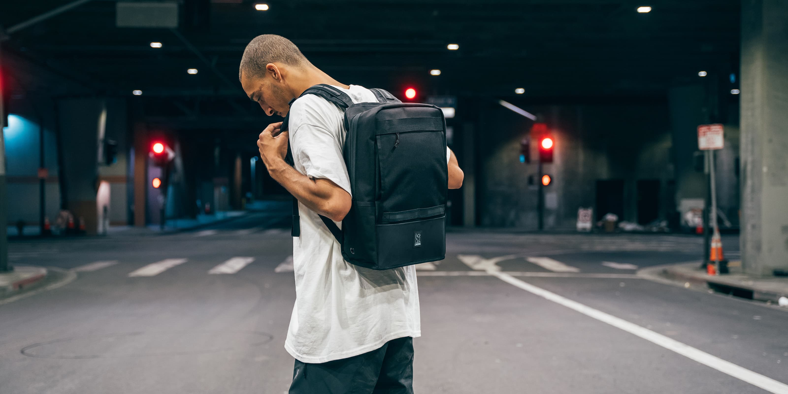 Street view of the Hondo Backpack being worn by a person