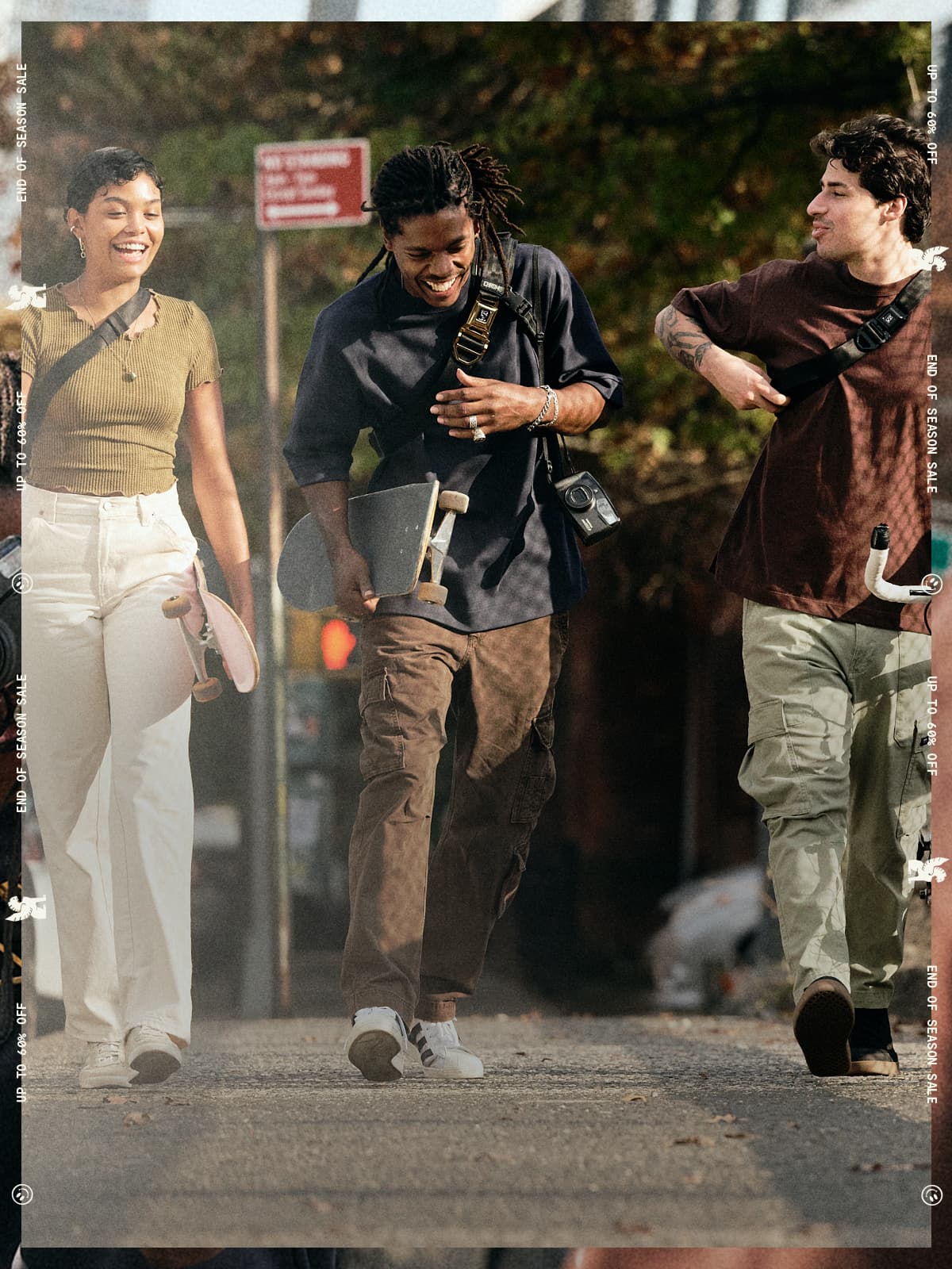 walking around the city, three people in Chrome bags