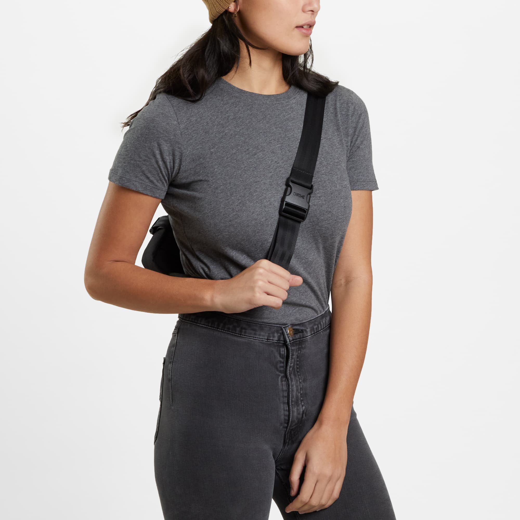 Medium size frame bag worn as a sling front view