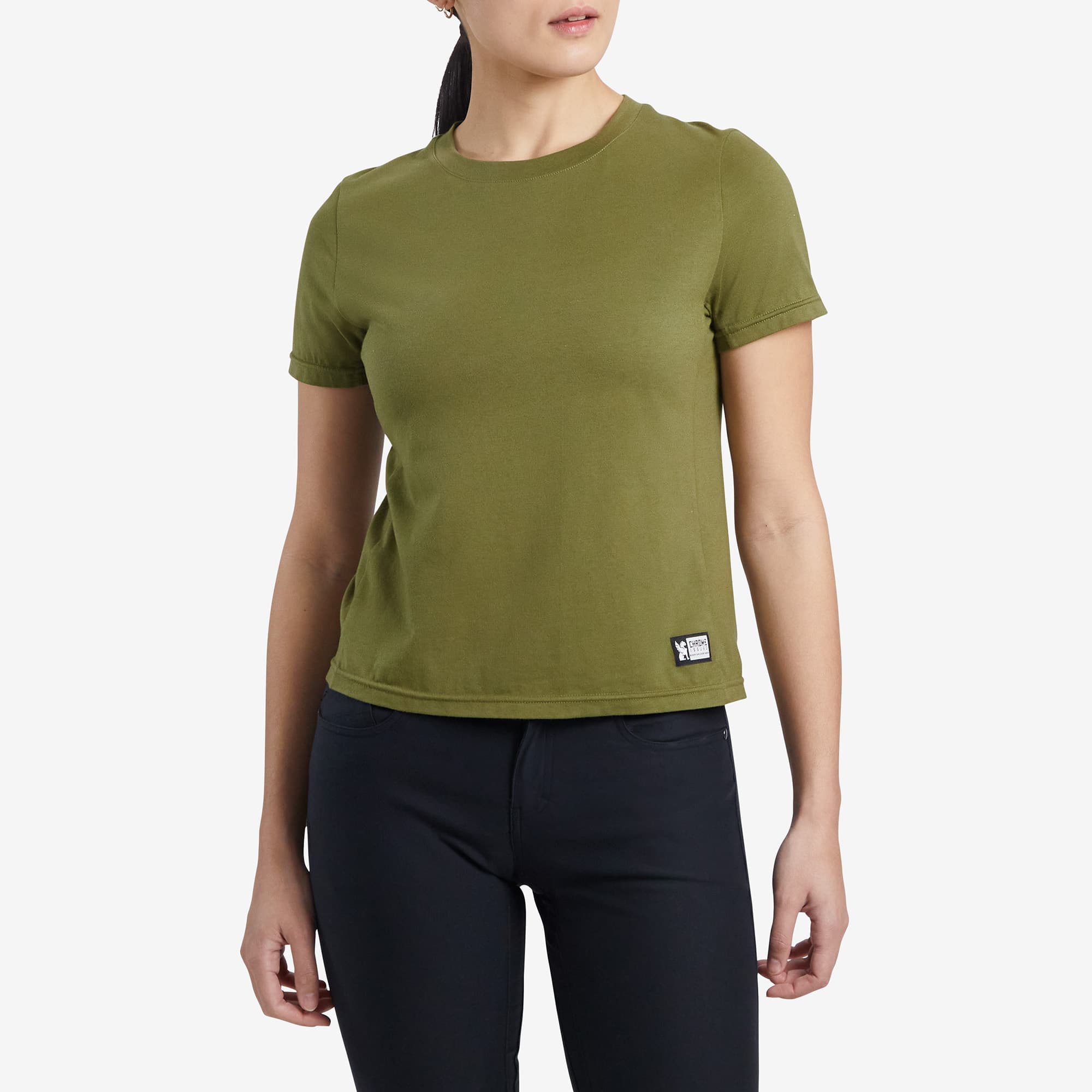 Women's Chrome basic T-Shirt green short sleeve worn by a woman #color_olive branch