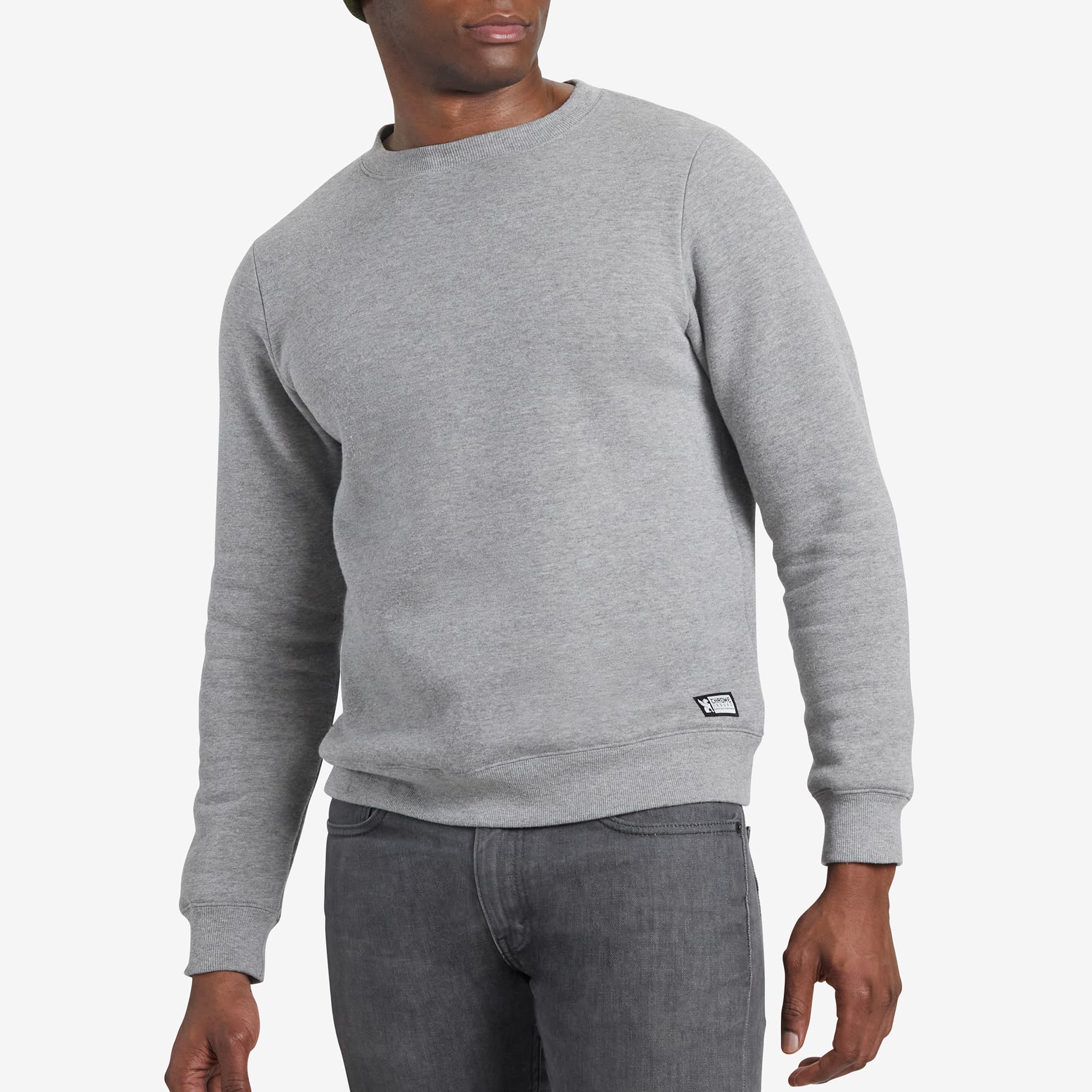 Front view fleece Crewneck Sweatshirt on a man #color_castlerock heather