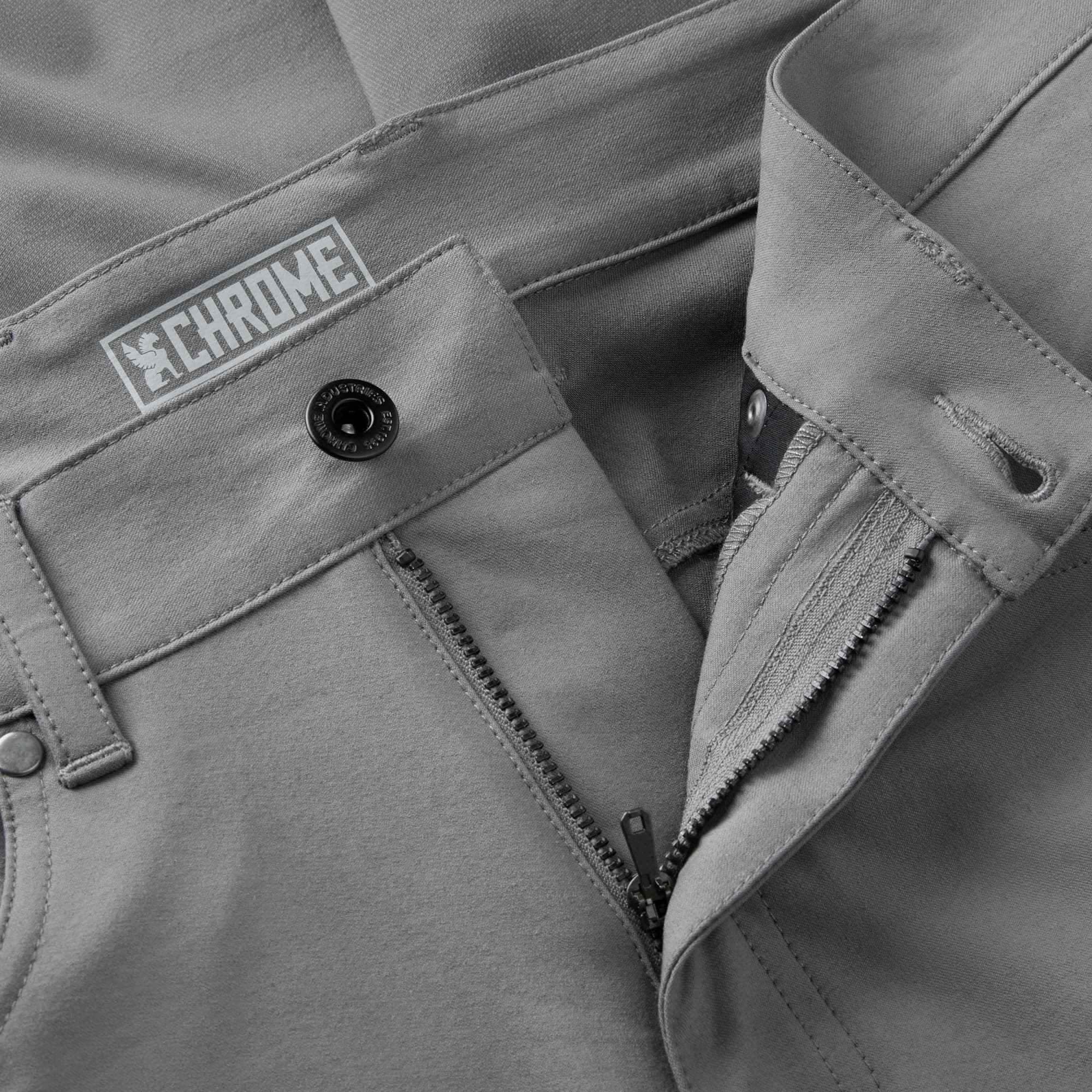 Men's Madrona 5-pocket short in grey button & zipper detail #color_castle rock