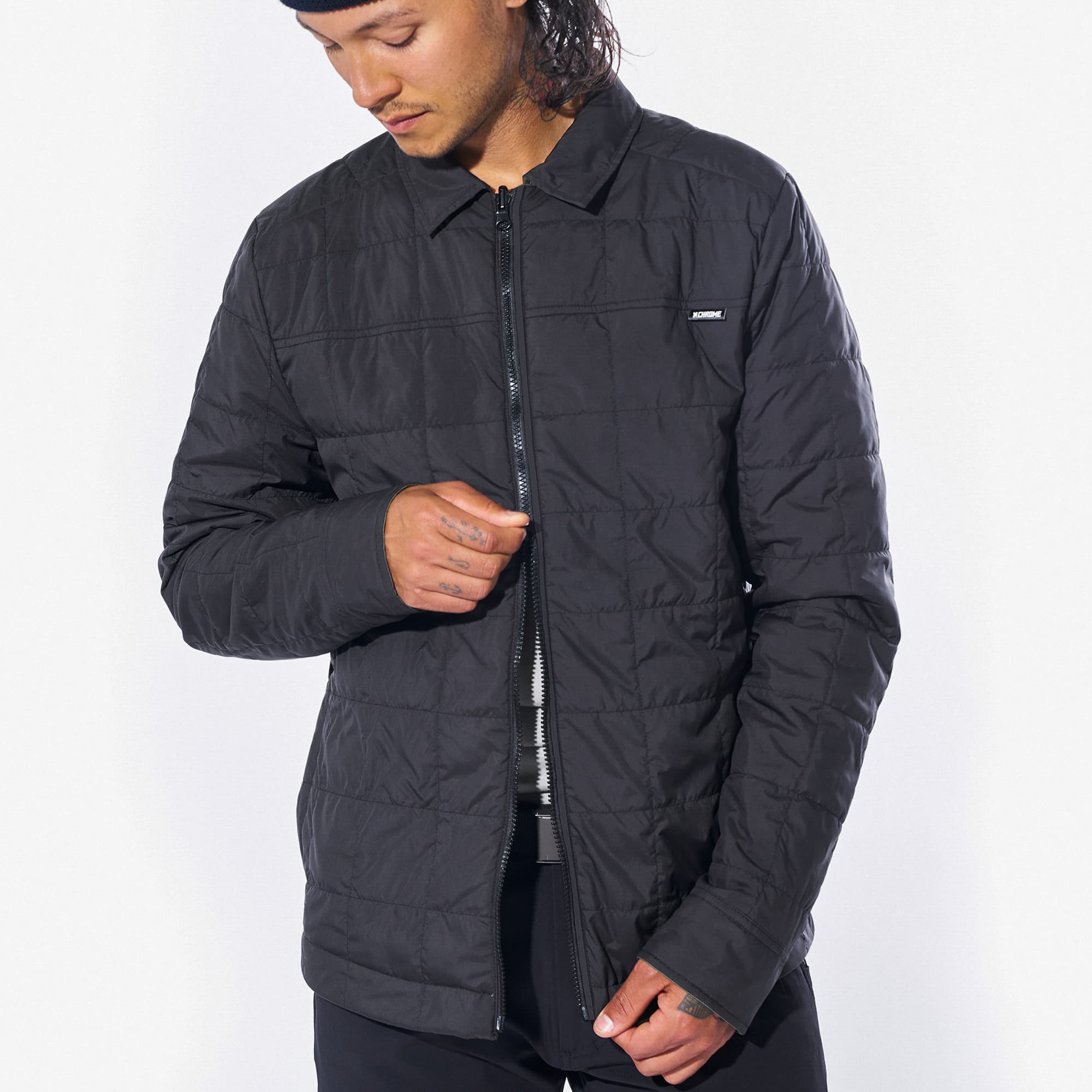 Two way zip Shirt Jacket in black with green on a man