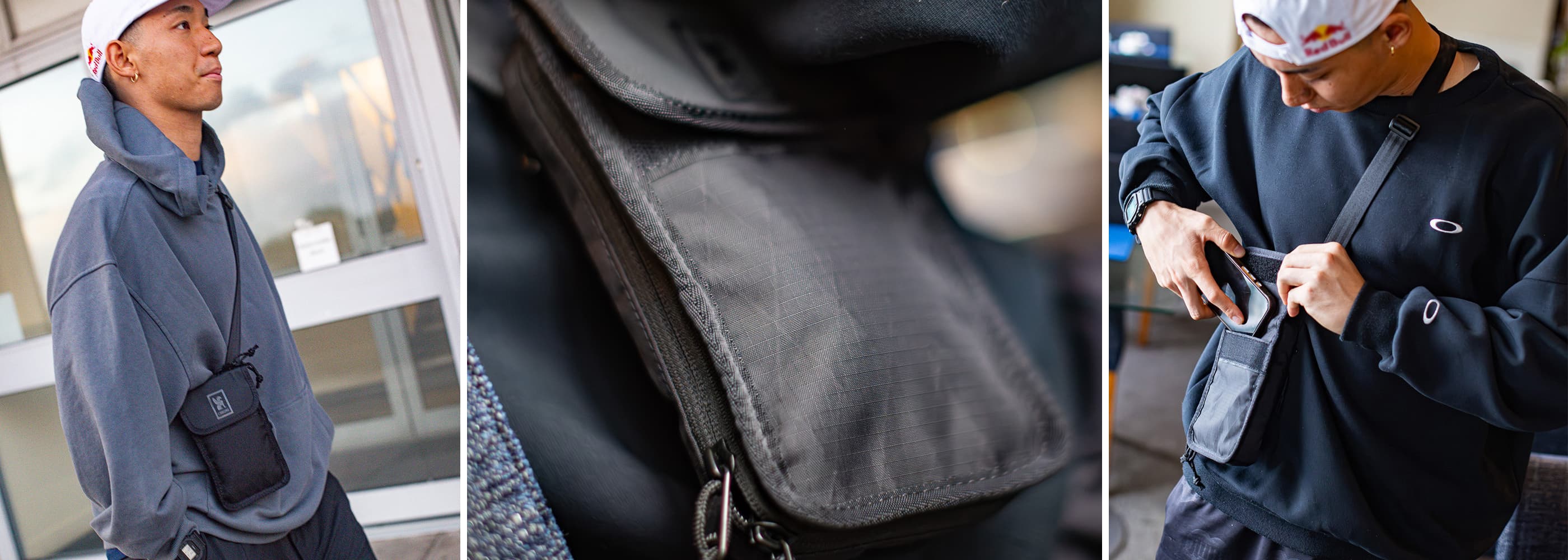 Rim Nakamura wearing the travel tech pouch in a few different ways