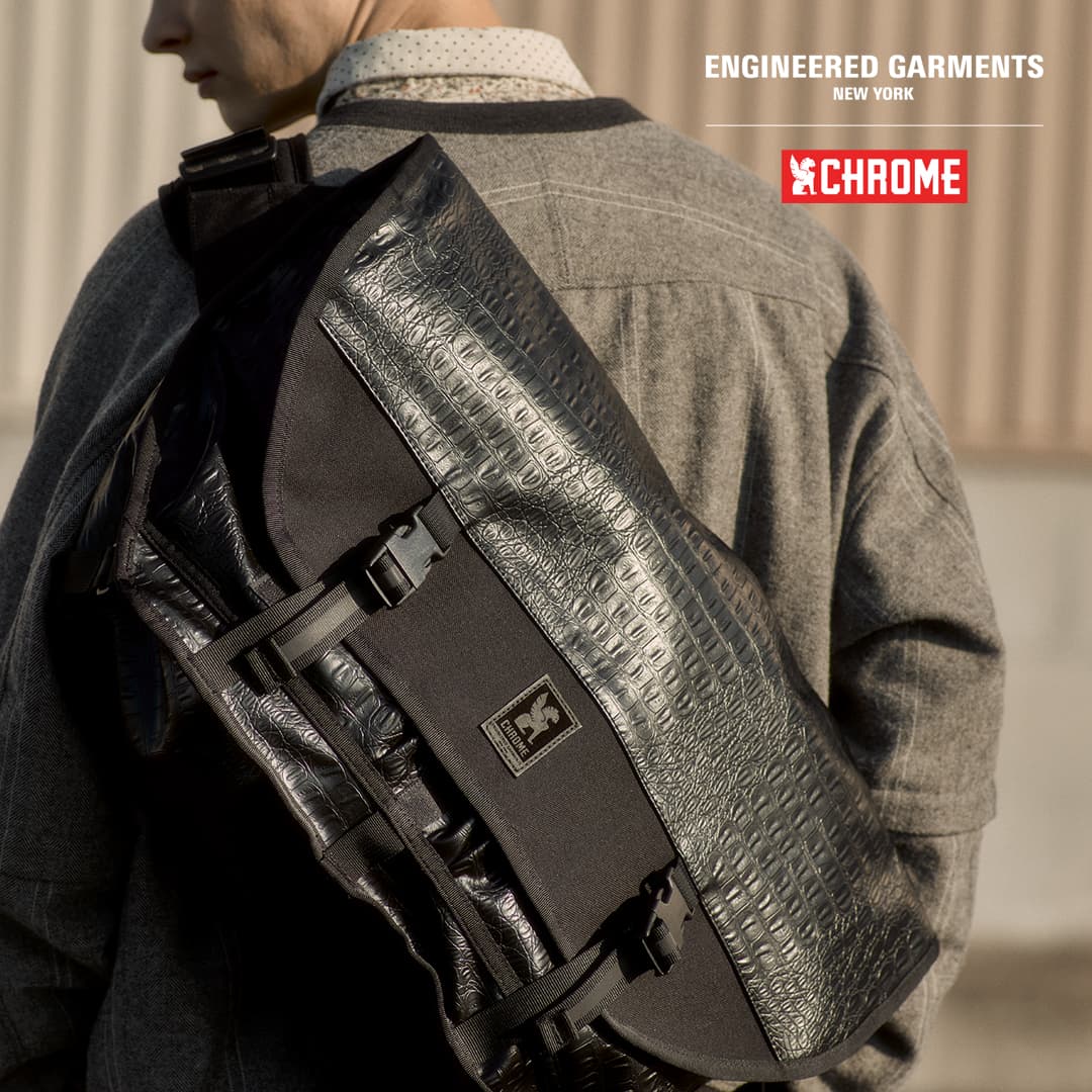 A guy wearing the Chrome x Engineered garments Citizen 24L Messenger
