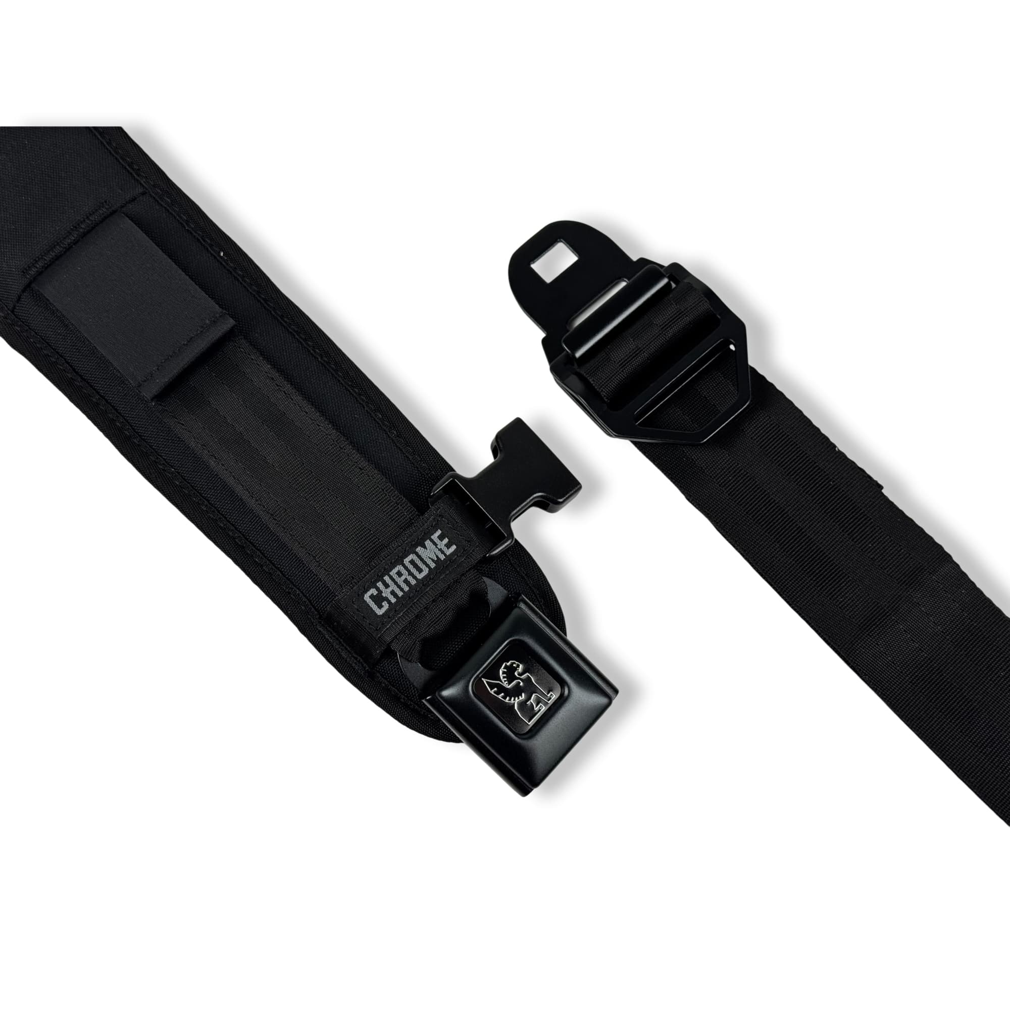 Up close on both ends of the Shoulder replacement strap in black with a black buckle