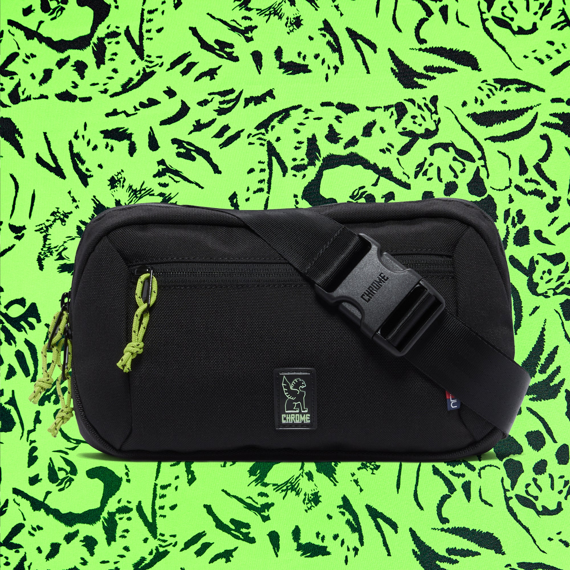 Ziptop waistpack collab with ALC with the fabric inside the green bag #color_black / alc green